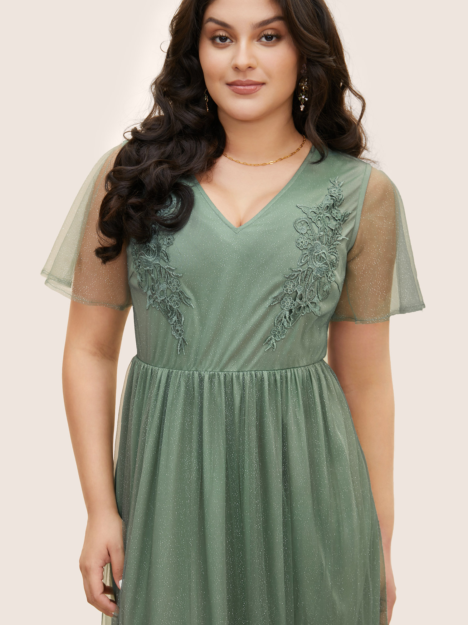 

Plus Size Floral Embroidered Mesh Ruffle Sleeve Dress Emerald Women Formal Woven ribbon&lace trim V-neck Short sleeve Curvy BloomChic