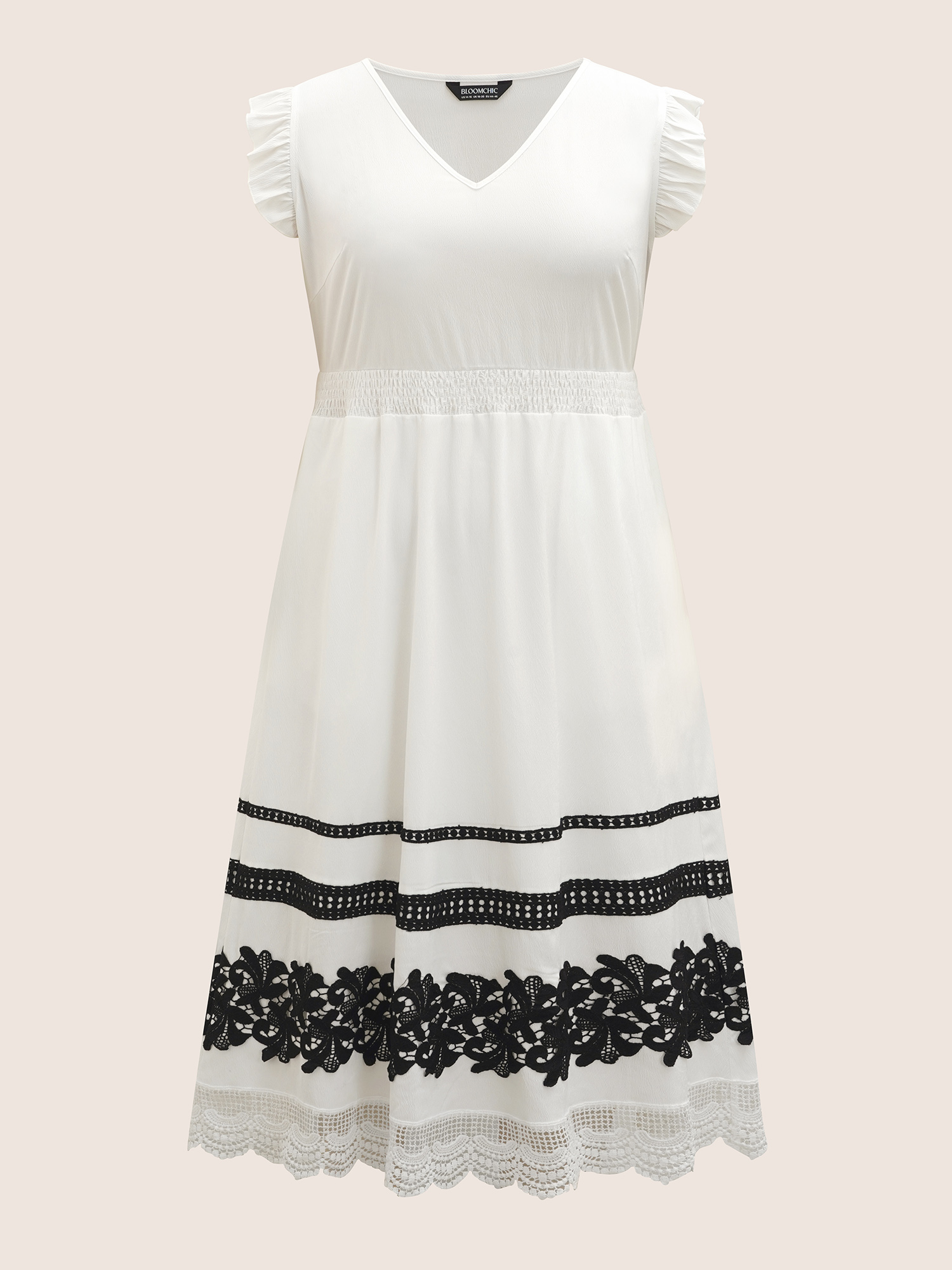 Plus Size V Neck Contrast Lace Trim Ruffles Shirred Dress Ivory Women Woven ribbon&lace trim V-neck Cap Sleeve Curvy BloomChic 12/L 