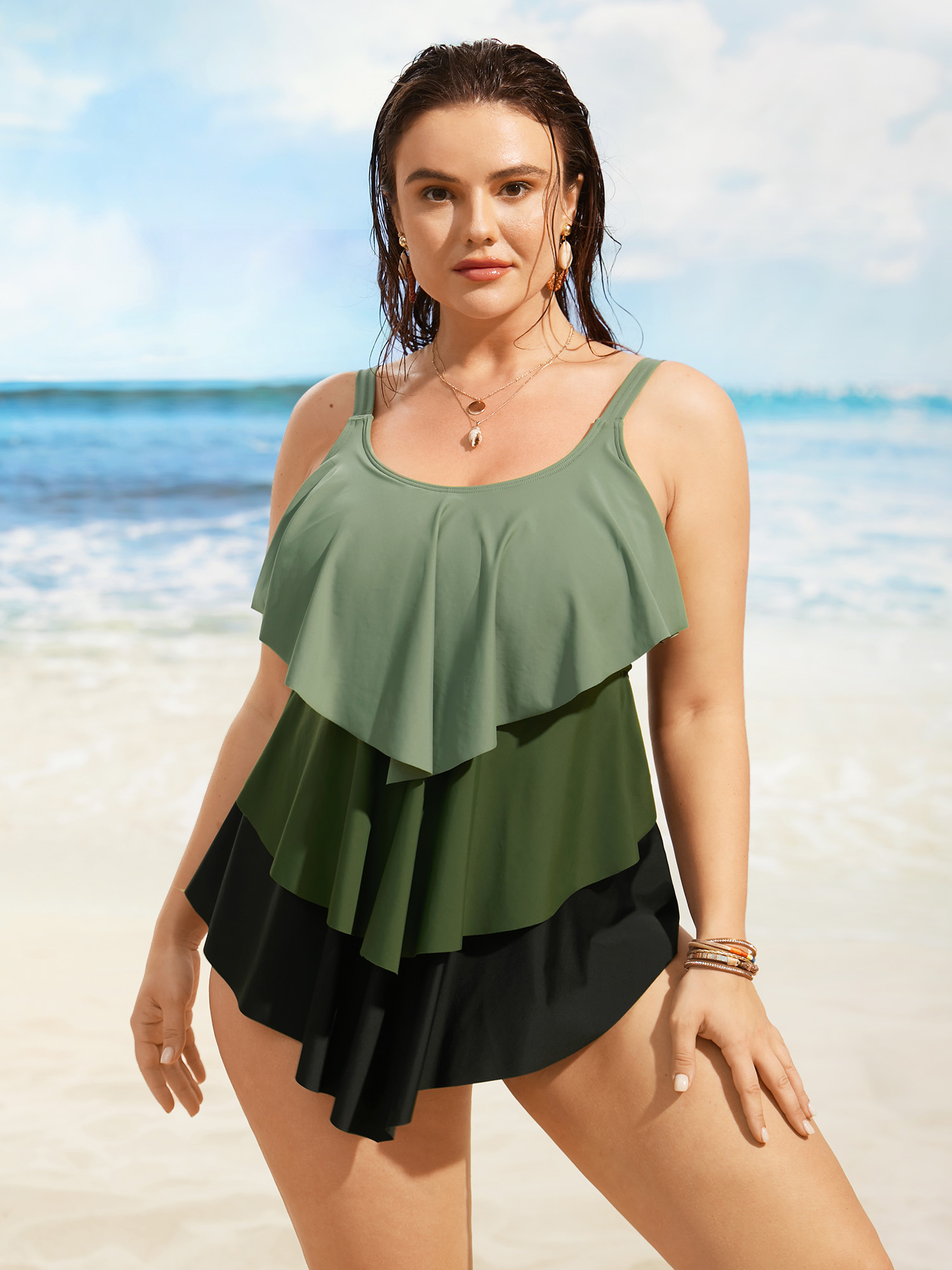 

Plus Size U Neck Contrast Tiered Ruffles One Piece Swimsuit Women's Swimwear ArmyGreen Beach Tiered Curve Bathing Suits High stretch One Pieces BloomChic