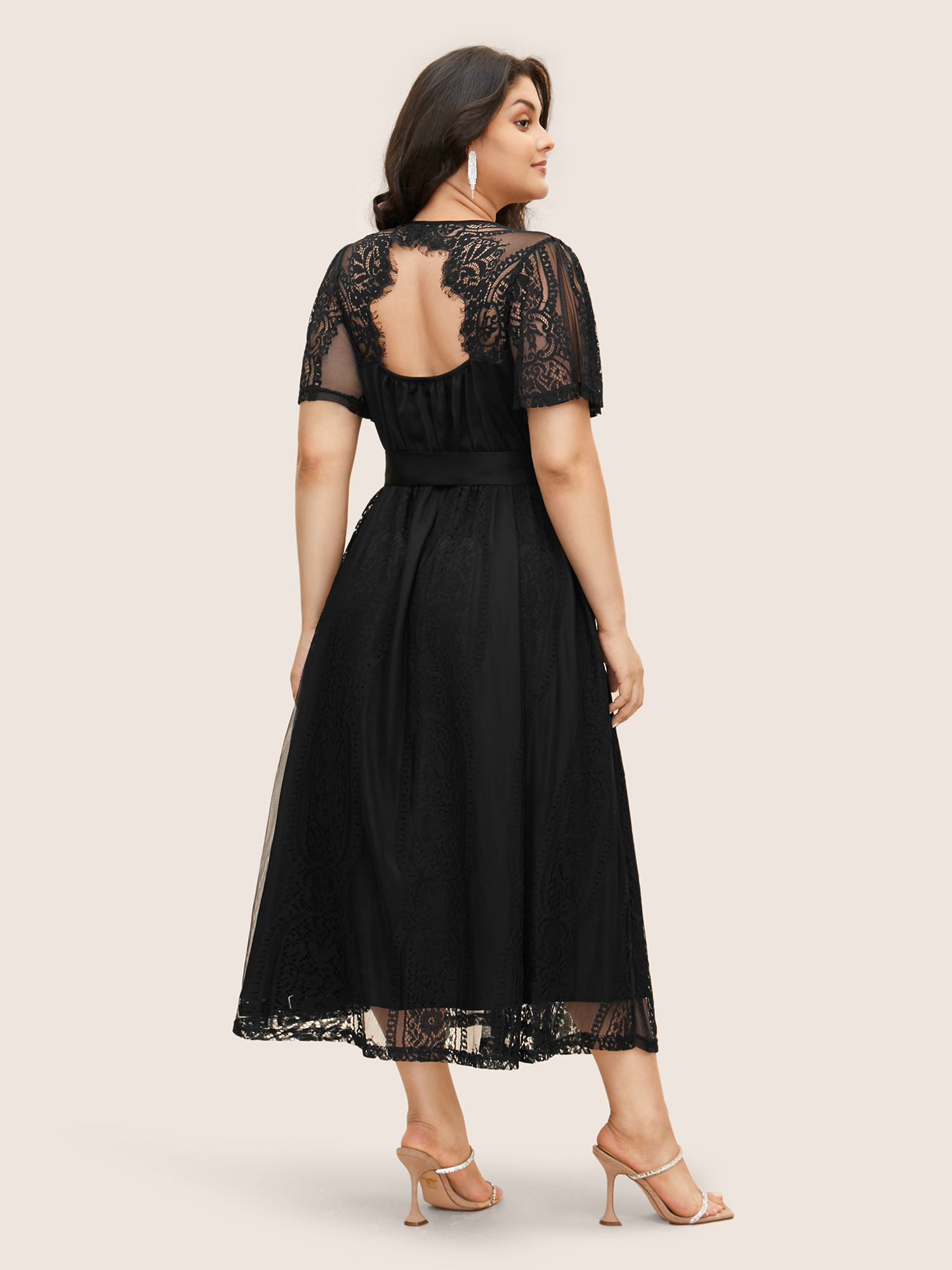 

Plus Size Crochet Lace Mesh Backless Maxi Dress Black Women Formal Woven ribbon&lace trim V-neck Short sleeve Curvy BloomChic