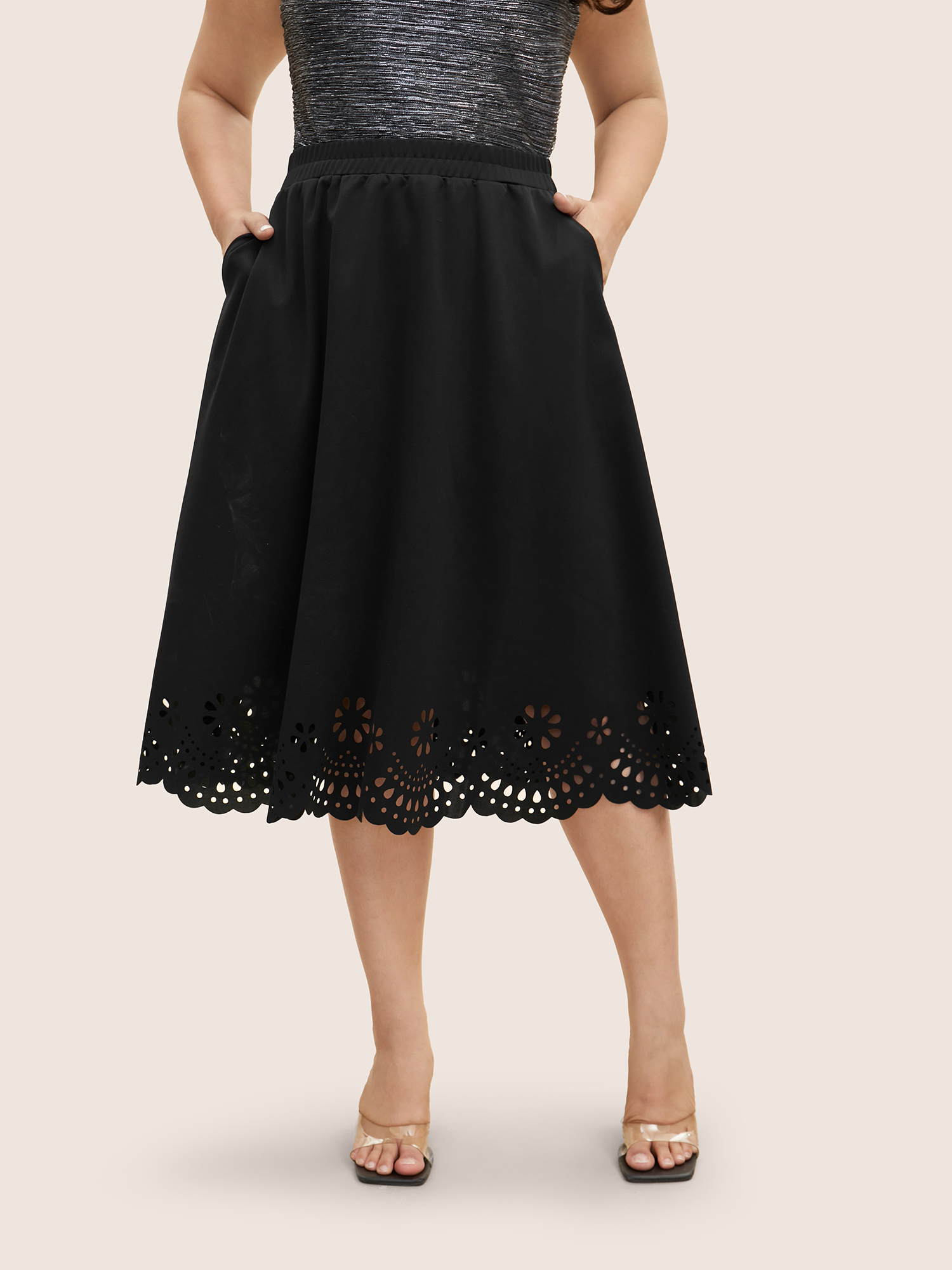 

Plus Size Laser Cut Elastic Waist Pocket Skirt Women Black Formal Cut-Out Medium stretch Side seam pocket Party Skirts BloomChic