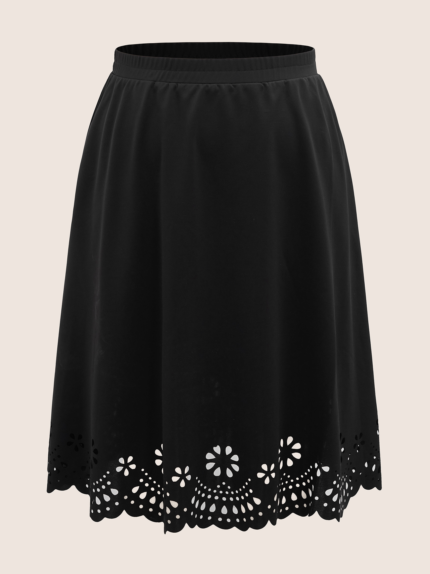 

Plus Size Laser Cut Elastic Waist Pocket Skirt Women Black Formal Cut-Out Medium stretch Side seam pocket Party Skirts BloomChic