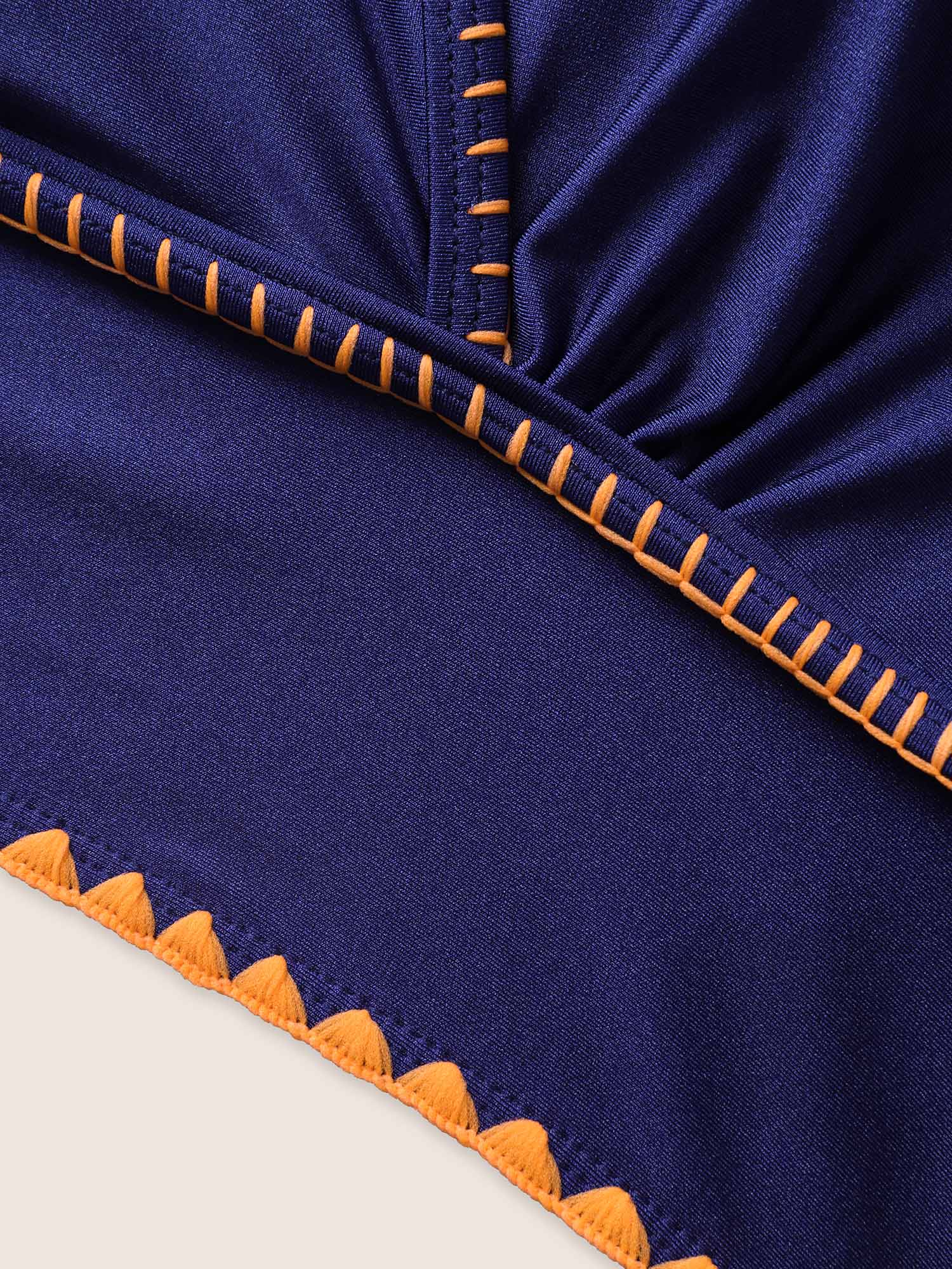 Plus Size Contrast Embroidered Wrap Buckle Detail Swim Top Women`s Swimwear Navy Beach Patchwork High stretch Skinny Overlap Collar Curve Swim Tops BloomChic 22-24/3X 