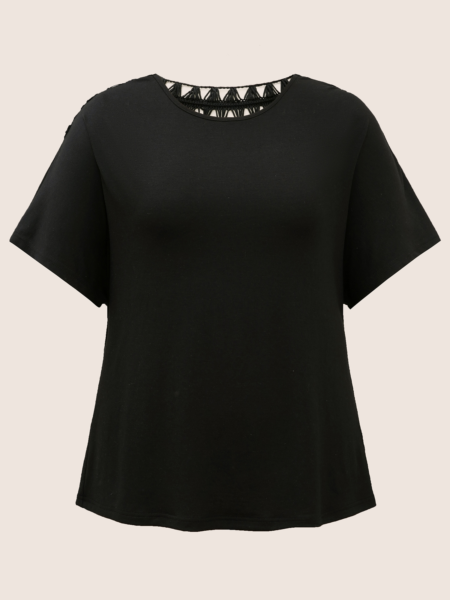 

Plus Size Solid Crew Neck Cut Out Patchwork T-shirt Black Women Elegant Patchwork Round Neck Everyday T-shirts BloomChic