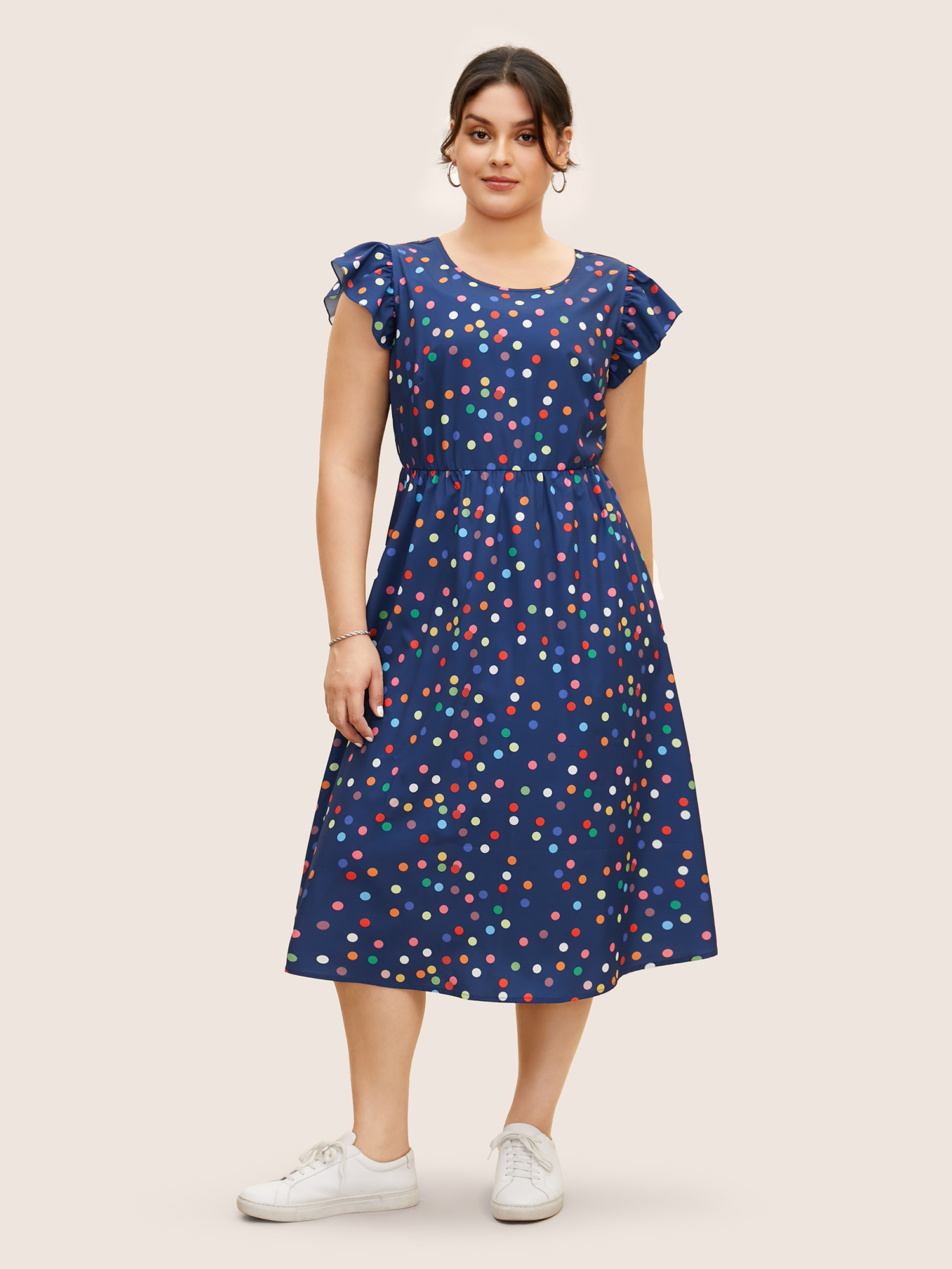 

Plus Size Colored Polka Dot Tie Knot Ruffle Cap Sleeve Dress DarkBlue Women Tie knot Round Neck Cap Sleeve Curvy BloomChic