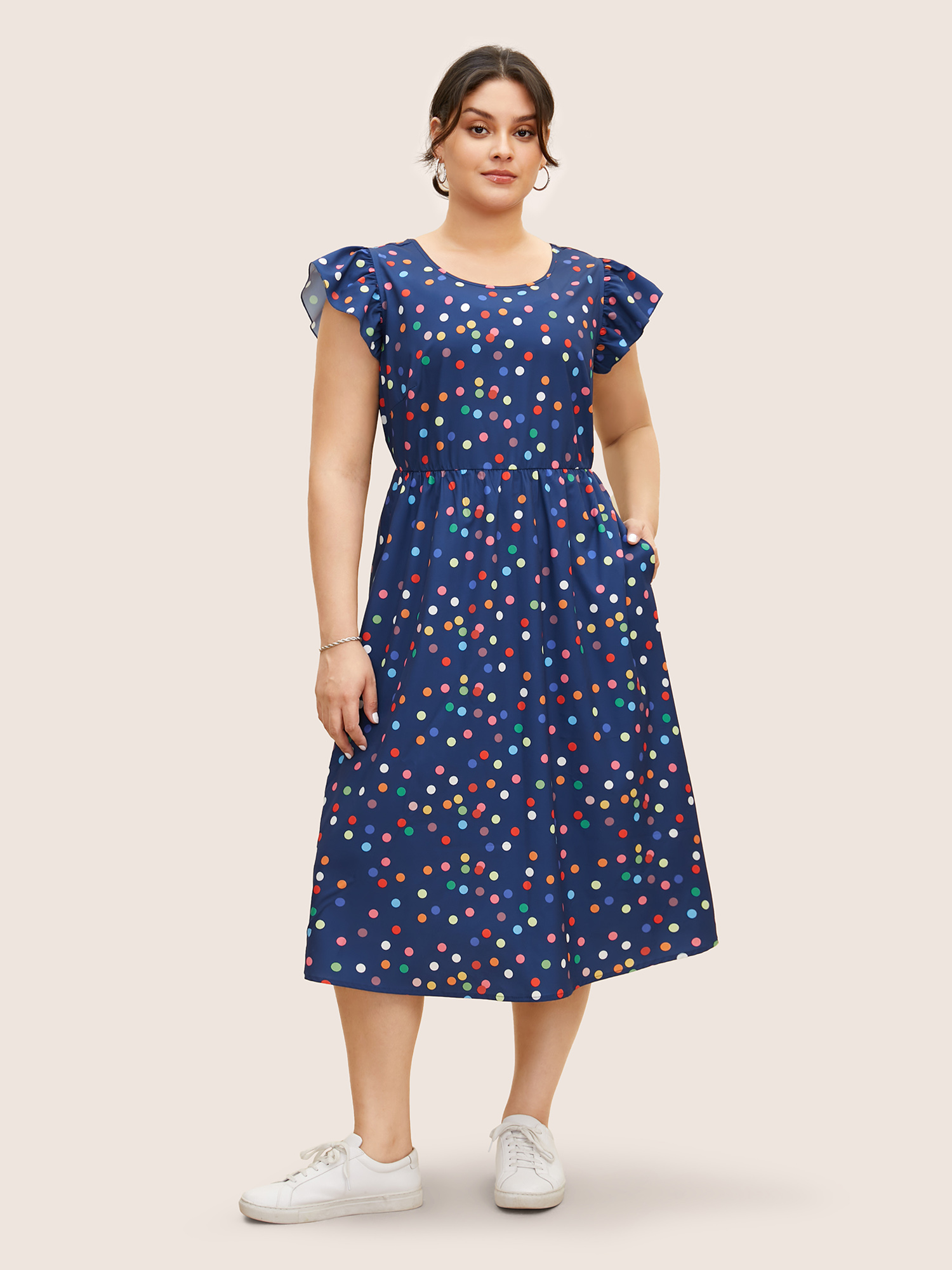Plus Size Colored Polka Dot Tie Knot Ruffle Cap Sleeve Dress DarkBlue Women Tie knot Round Neck Cap Sleeve Curvy BloomChic 22-24/3X 