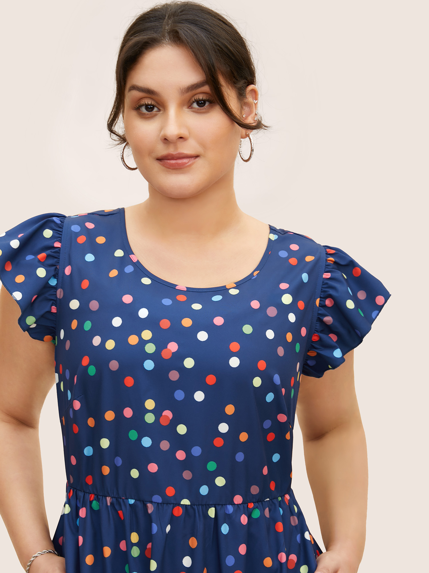 Plus Size Colored Polka Dot Tie Knot Ruffle Cap Sleeve Dress DarkBlue Women Tie knot Round Neck Cap Sleeve Curvy BloomChic 22-24/3X 