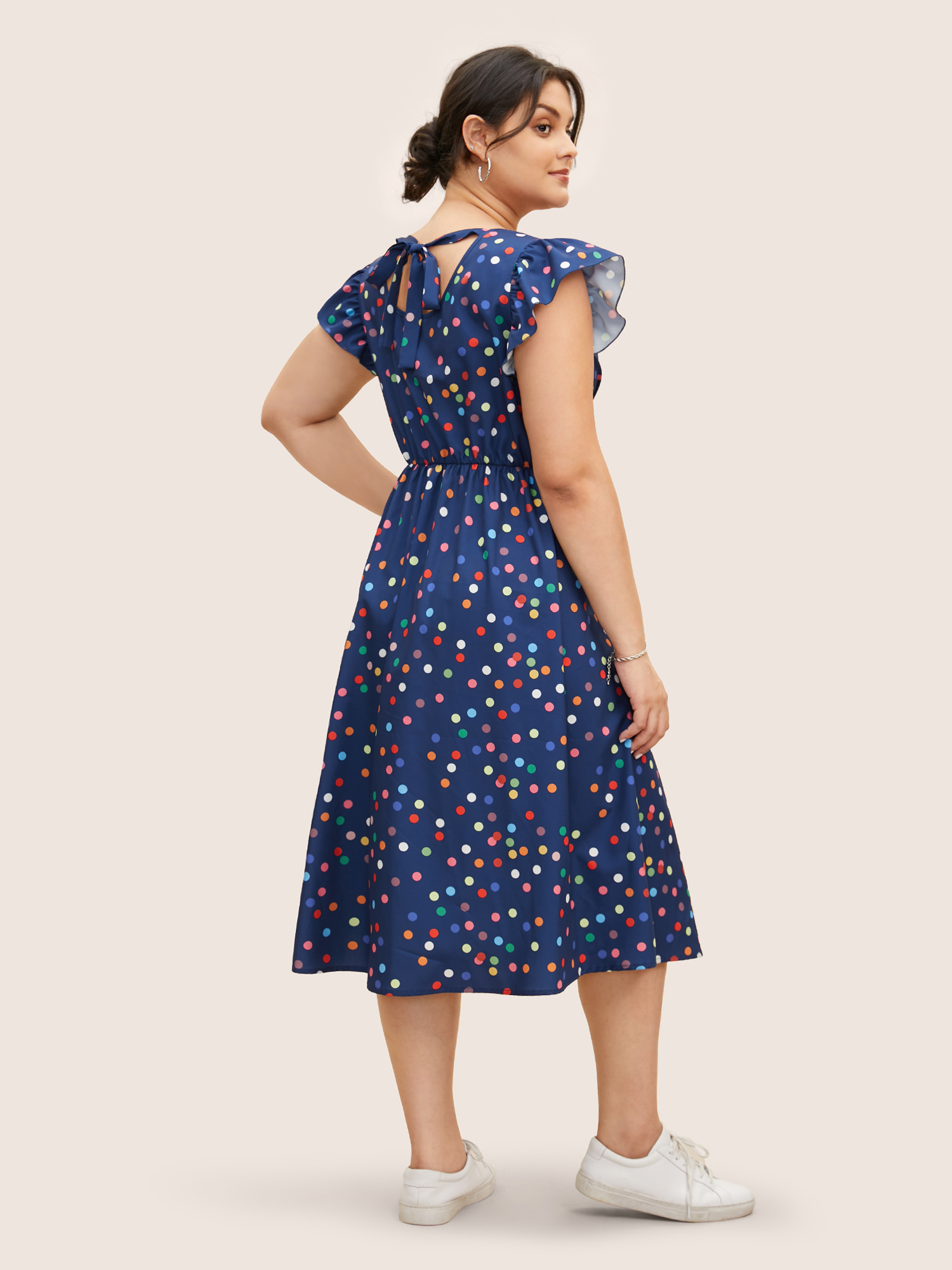 Plus Size Colored Polka Dot Tie Knot Ruffle Cap Sleeve Dress DarkBlue Women Tie knot Round Neck Cap Sleeve Curvy BloomChic 22-24/3X 