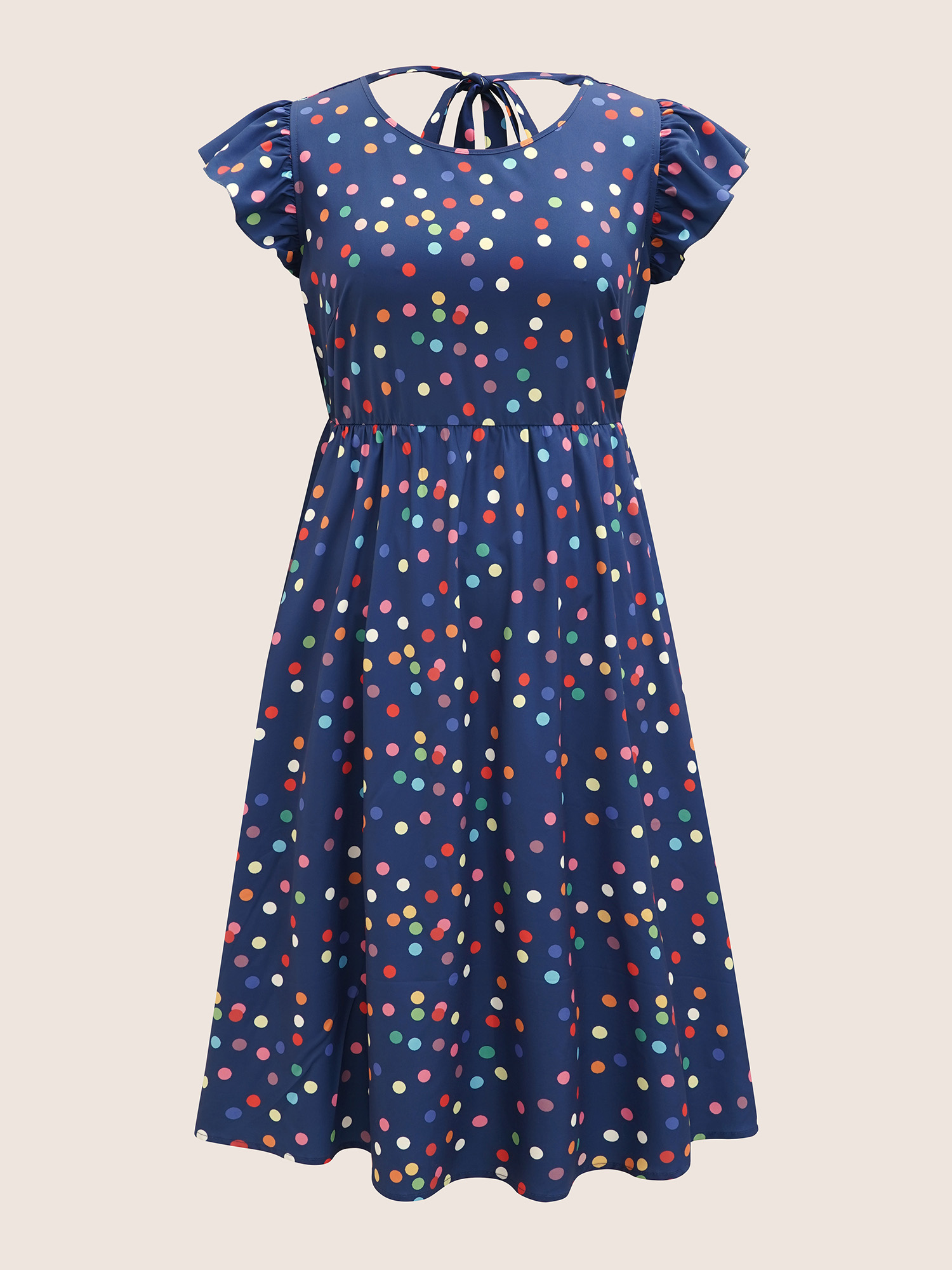 Plus Size Colored Polka Dot Tie Knot Ruffle Cap Sleeve Dress DarkBlue Women Tie knot Round Neck Cap Sleeve Curvy BloomChic 22-24/3X 
