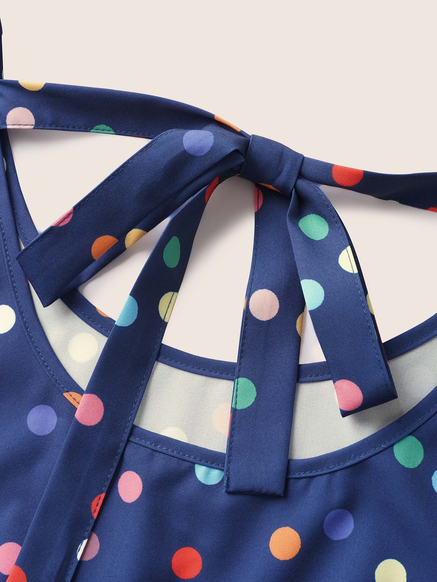 Plus Size Colored Polka Dot Tie Knot Ruffle Cap Sleeve Dress DarkBlue Women Tie knot Round Neck Cap Sleeve Curvy BloomChic 22-24/3X 