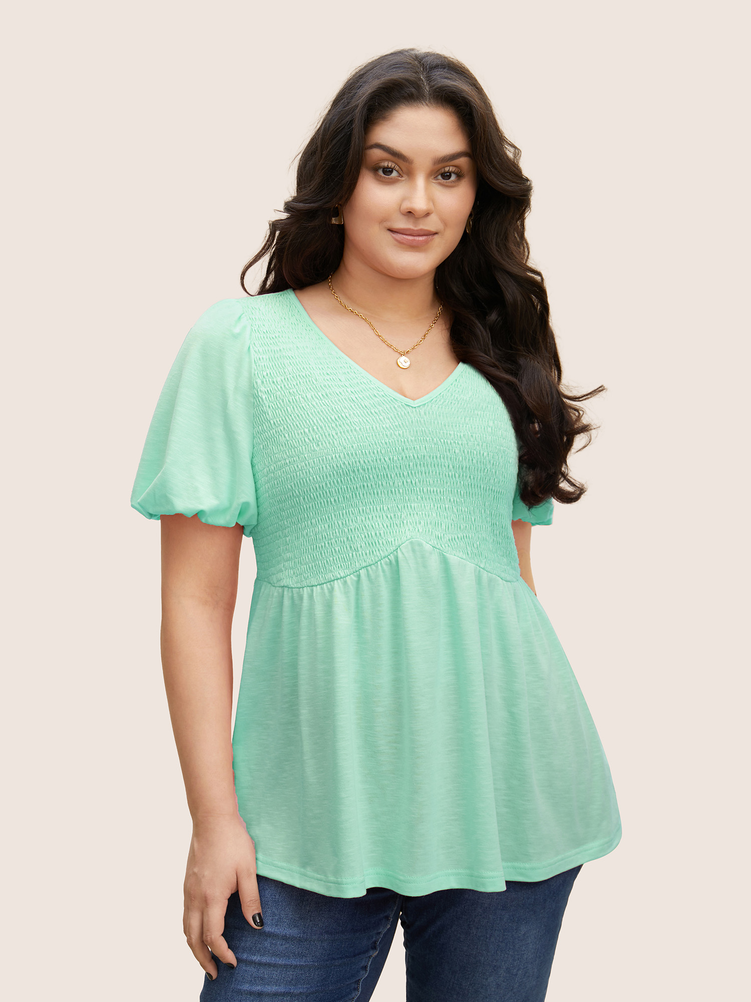 

Plus Size V Neck Shirred Lantern Sleeve T-shirt Mint Women Elegant Shirred V-neck Everyday T-shirts BloomChic