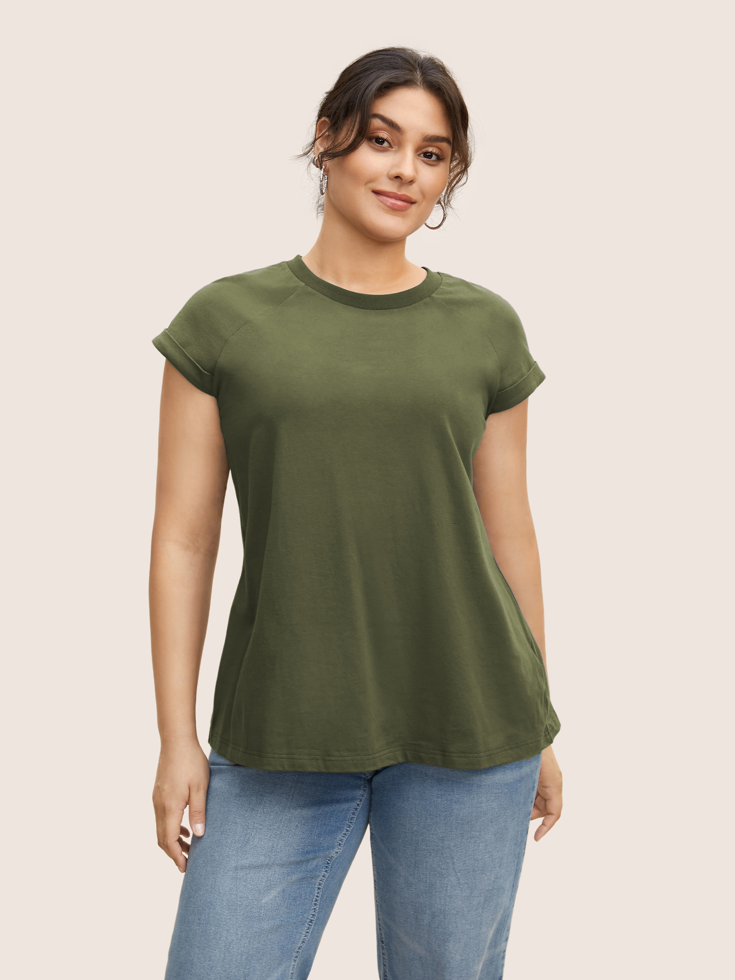 

Plus Size Cotton Solid Crew Neck Roll Sleeve T-shirt ArmyGreen Women Casual Roll Hem Round Neck Everyday T-shirts BloomChic