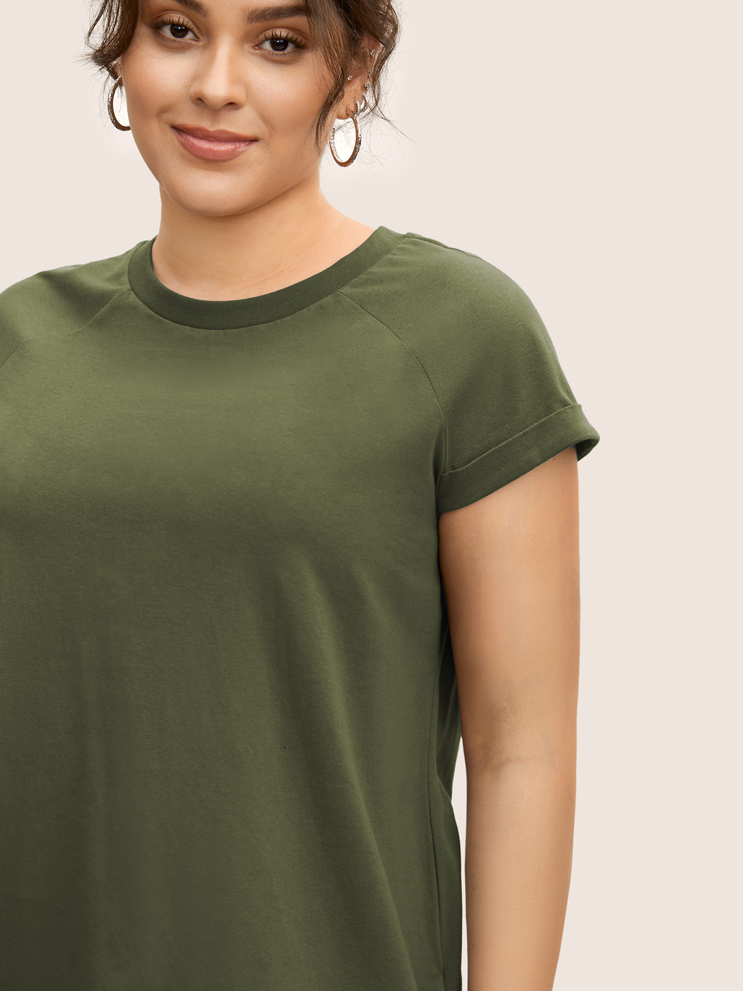 

Plus Size Cotton Solid Crew Neck Roll Sleeve T-shirt ArmyGreen Women Casual Roll Hem Round Neck Everyday T-shirts BloomChic