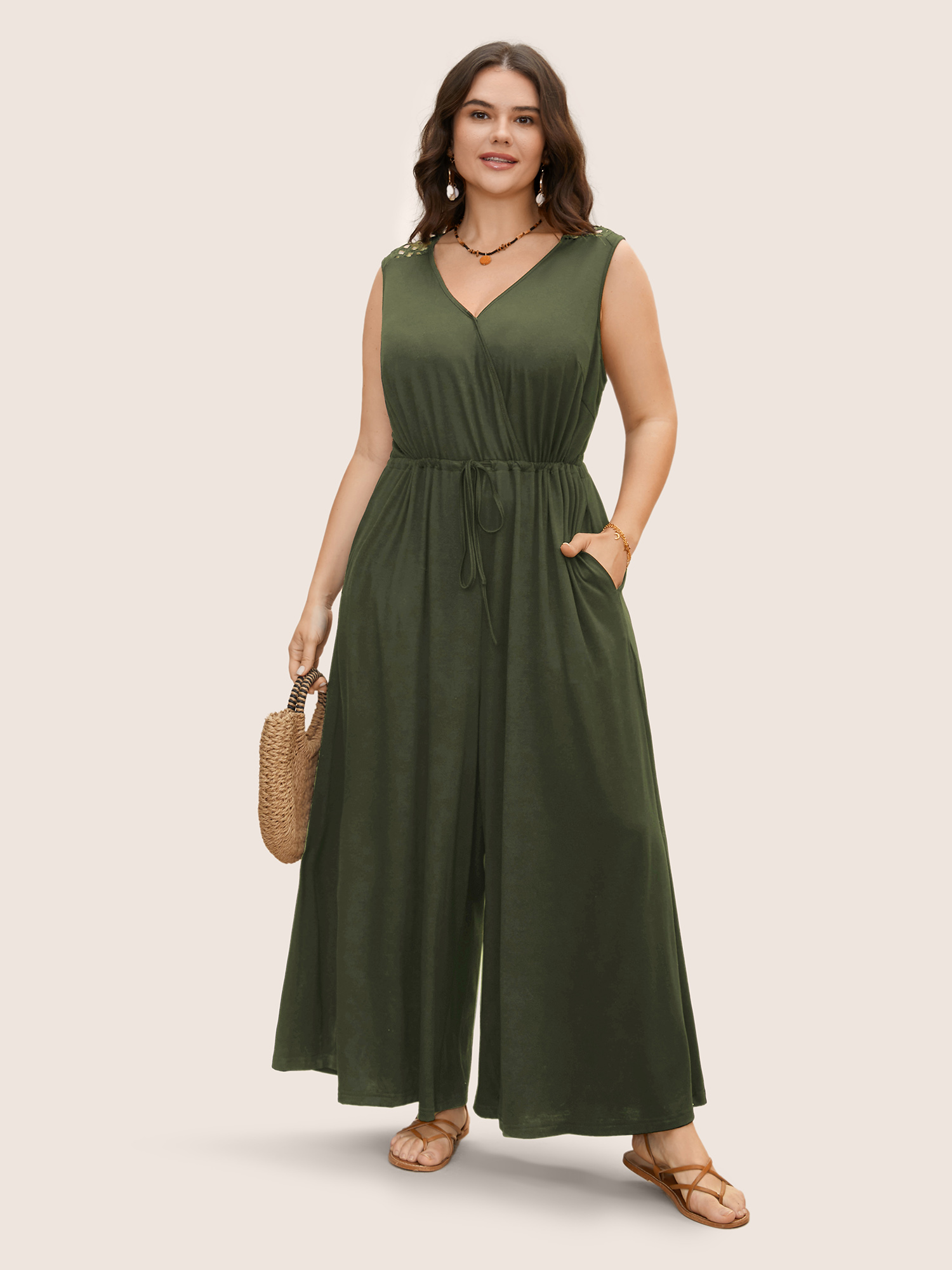 

Plus Size ArmyGreen V Neck Crocheted Cut Out Jumpsuit Women Resort Sleeveless V-neck Vacation Loose Jumpsuits BloomChic