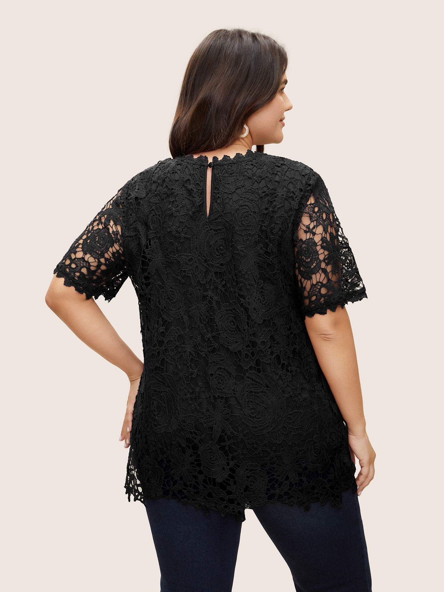 

Plus Size Black Lace Panel Patchwork Cut Out Blouse Women Elegant Half Sleeve Round Neck Everyday Blouses BloomChic