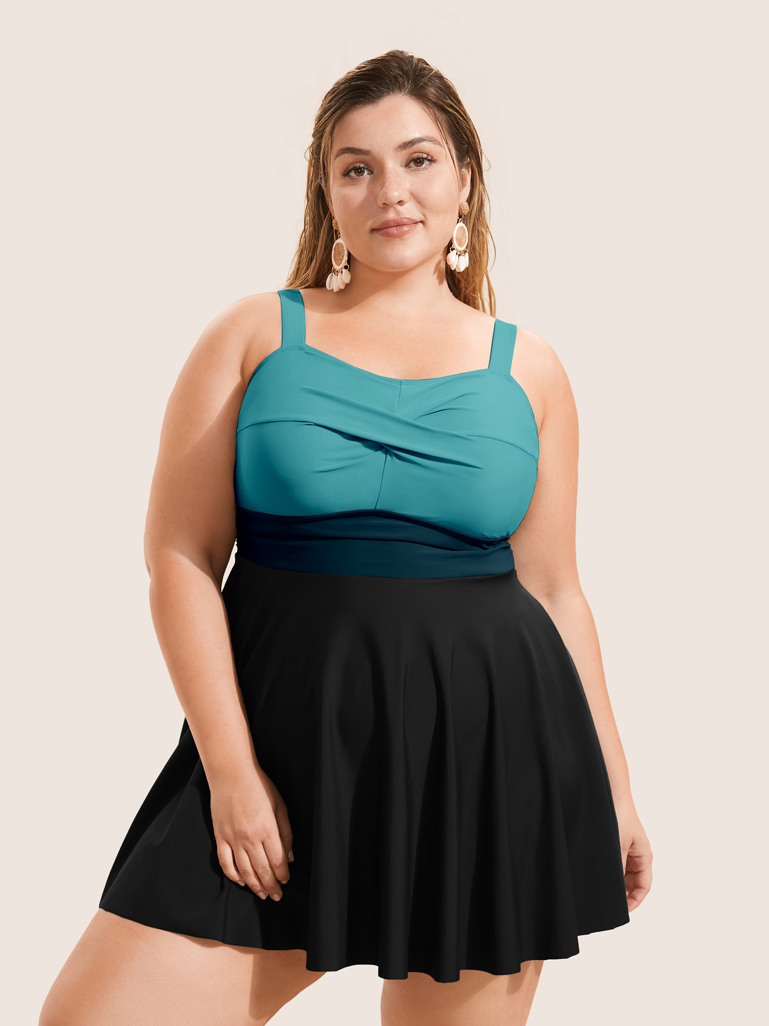 

Plus Size Twist Front Patchwork Adjustable Straps Swim Dress Women's Swimwear Teal Beach Bodycon Heart neckline High stretch Curve Swim Dresses BloomChic