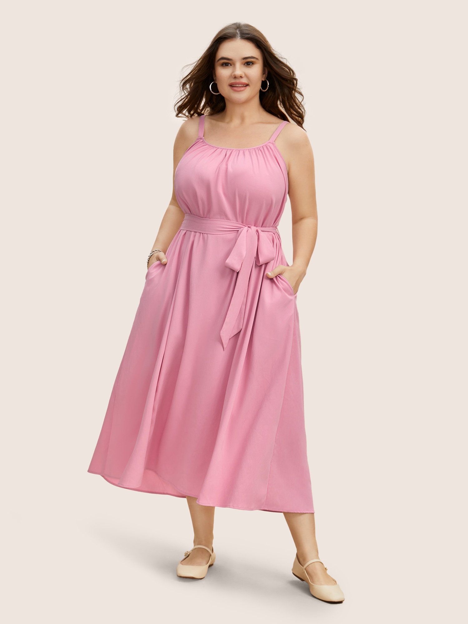 

Plus Size Plain Textured Adjustable Straps Belted Dress Blush Women Non Sleeveless Curvy BloomChic