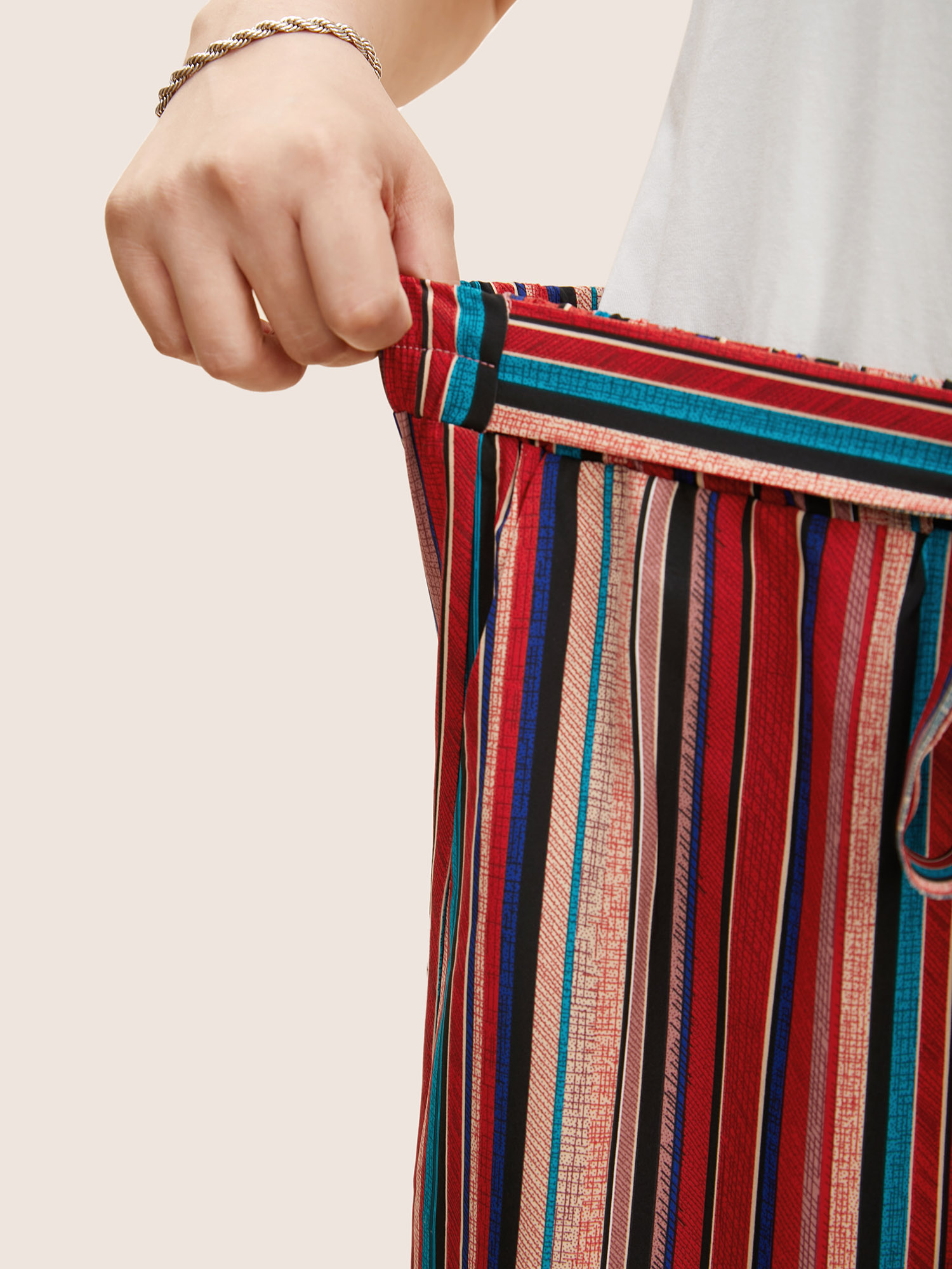 Plus Size Contrast Striped Tie Knot Wide Leg Pants Women Multicolor Casual Wide Leg Mid Rise Everyday Pants BloomChic 12/L 