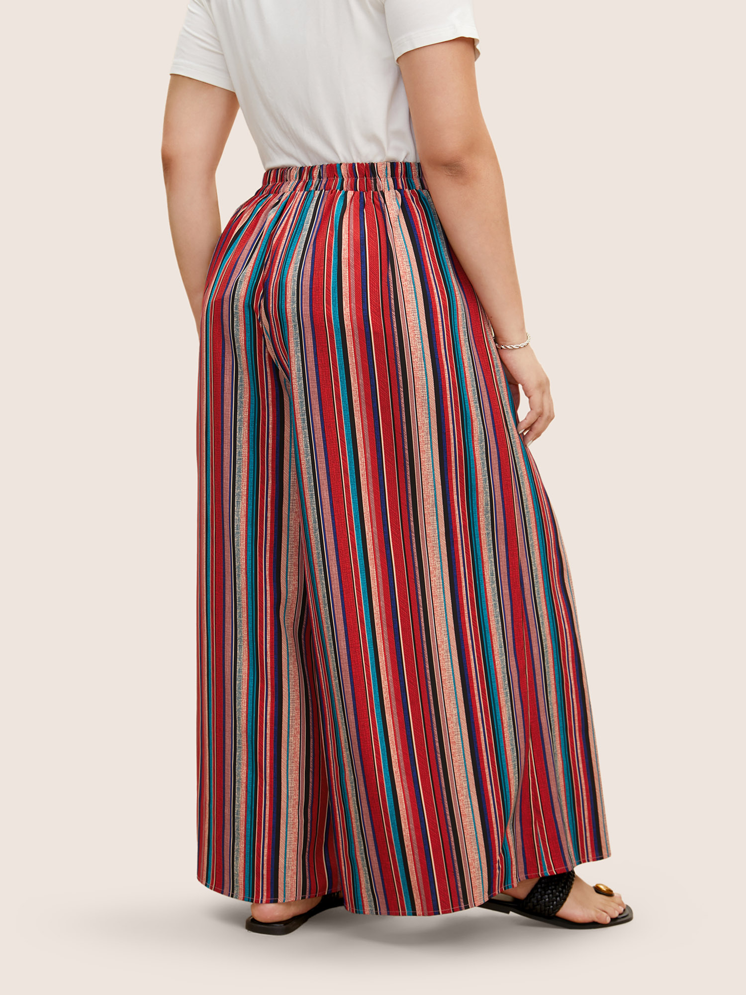 Plus Size Contrast Striped Tie Knot Wide Leg Pants Women Multicolor Casual Wide Leg Mid Rise Everyday Pants BloomChic 12/L 