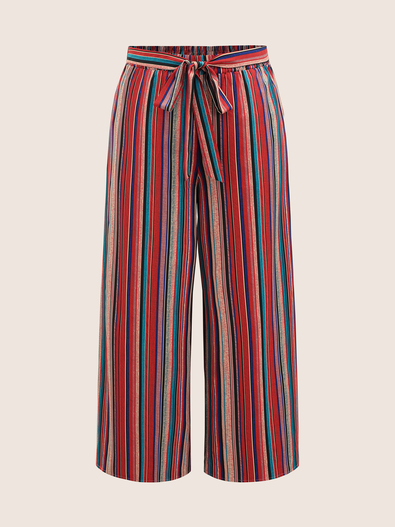 Plus Size Contrast Striped Tie Knot Wide Leg Pants Women Multicolor Casual Wide Leg Mid Rise Everyday Pants BloomChic 12/L 