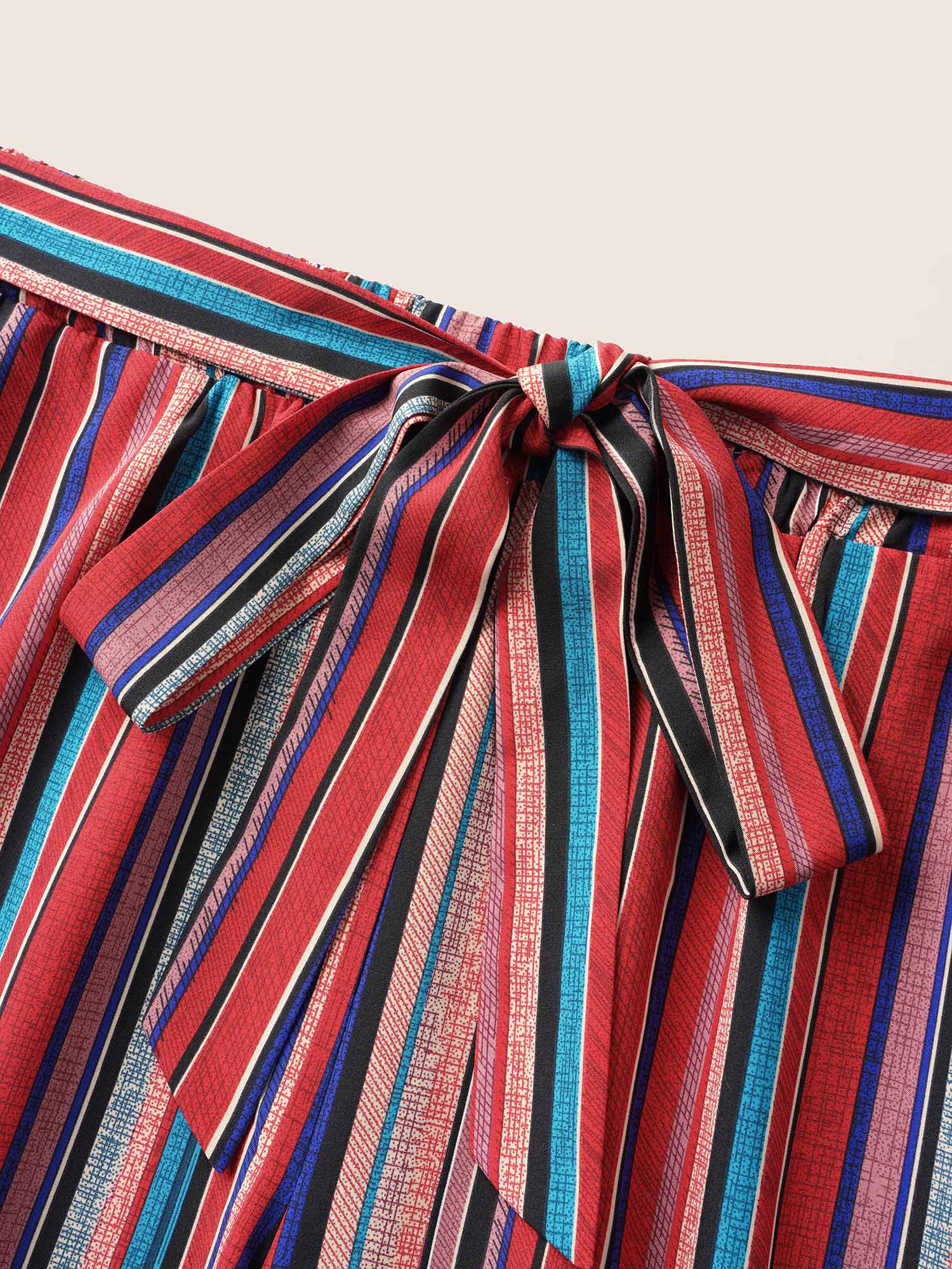Plus Size Contrast Striped Tie Knot Wide Leg Pants Women Multicolor Casual Wide Leg Mid Rise Everyday Pants BloomChic 12/L 