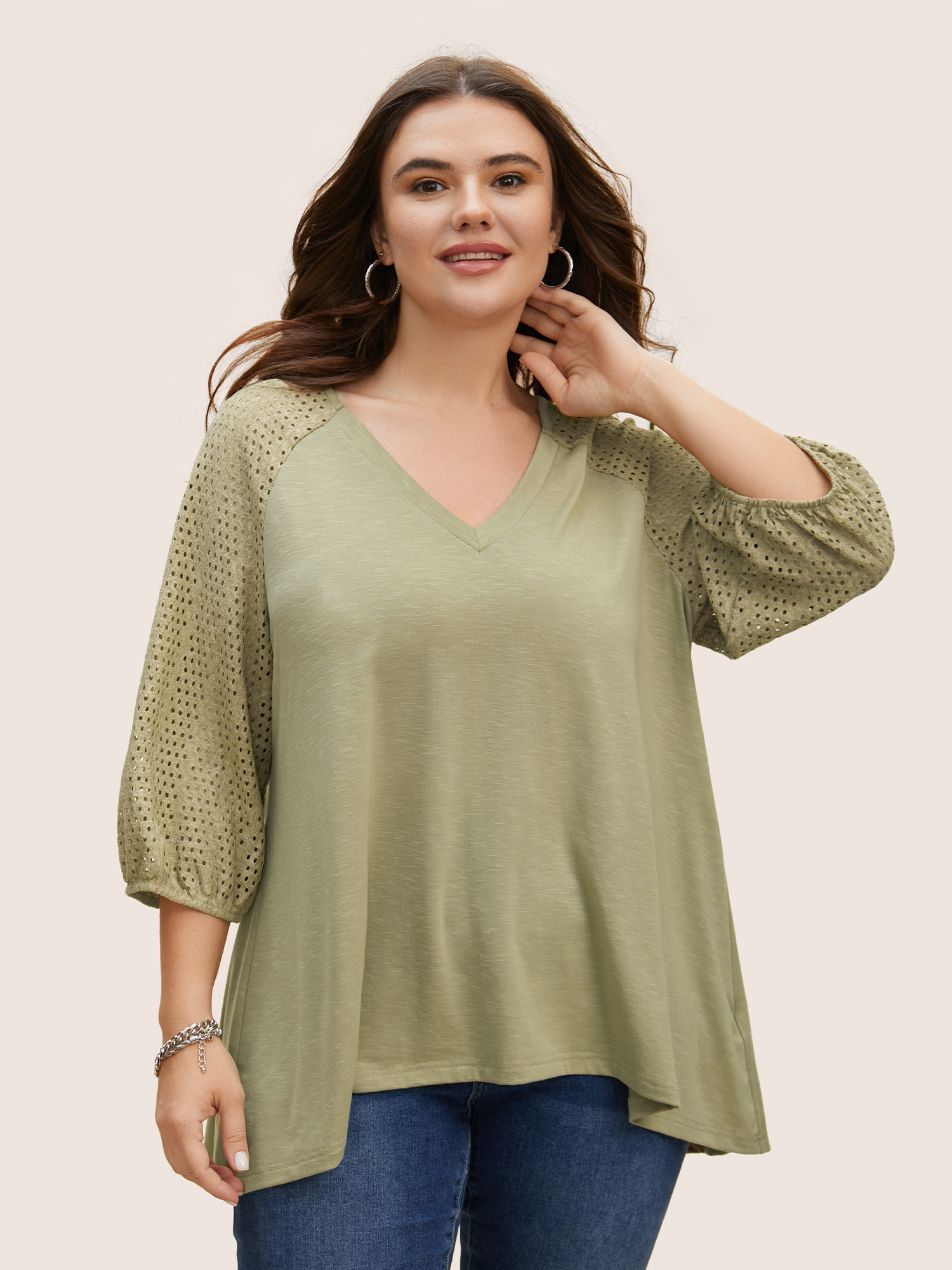 

Plus Size Texture Cut Out Patchwork Lantern Sleeve T-shirt Sage Women Casual Texture V-neck Everyday T-shirts BloomChic