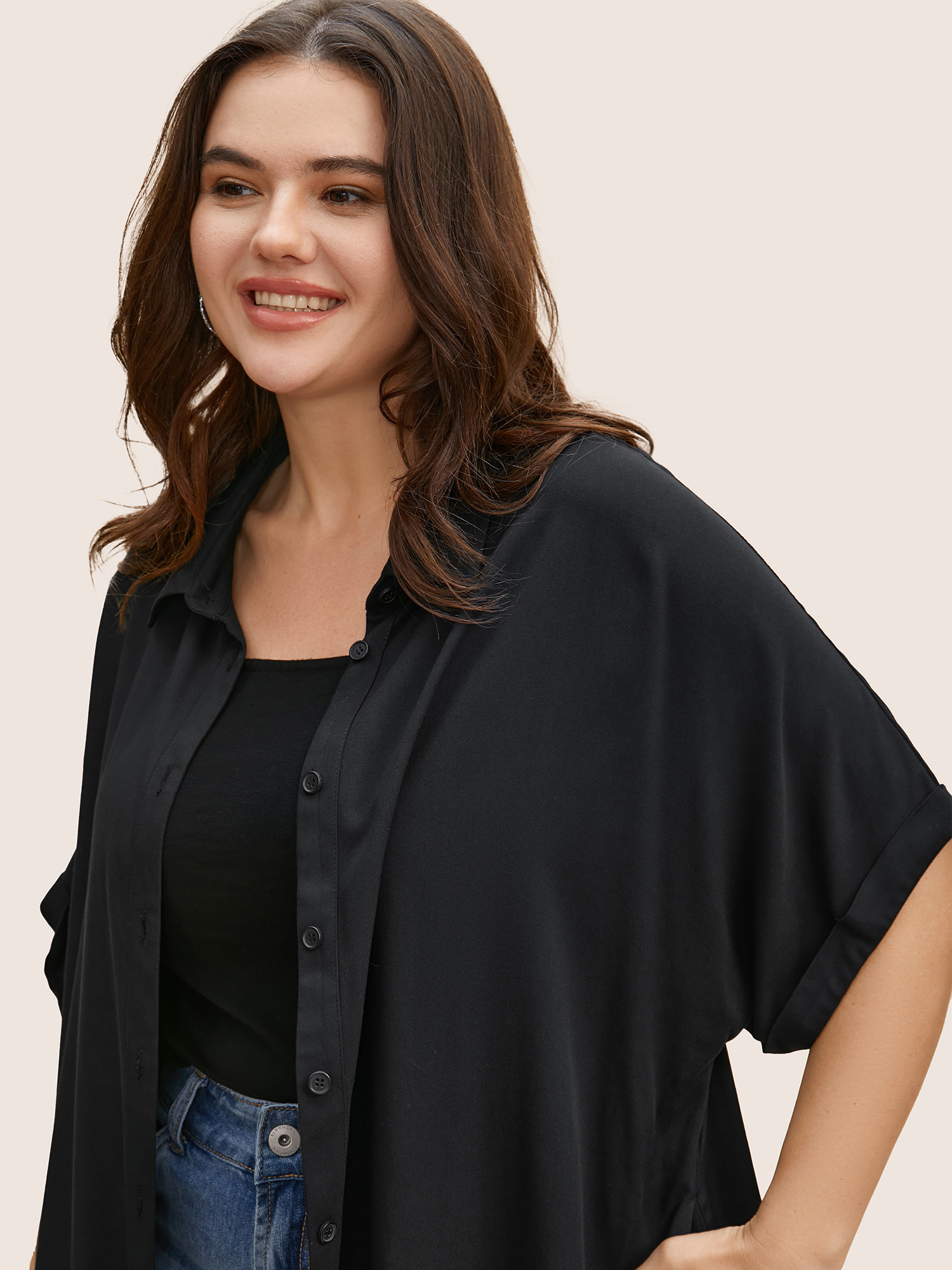 

Plus Size Black Rayon Shirt Collar Cuffed Sleeve Pocket Blouse Women Casual Short sleeve Shirt collar Everyday Blouses BloomChic