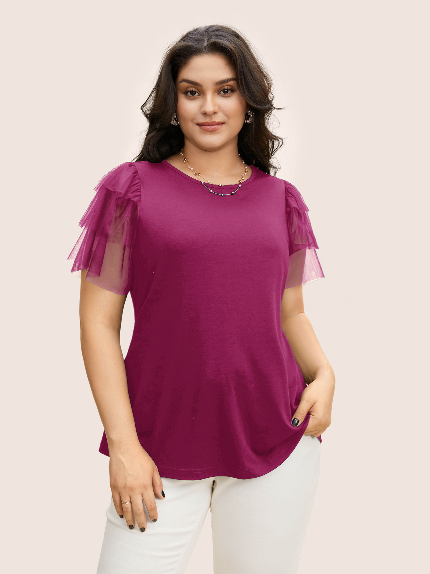 

Plus Size Crew Neck Tiered Mesh Patchwork T-shirt RedViolet Women Elegant See through Round Neck Everyday T-shirts BloomChic