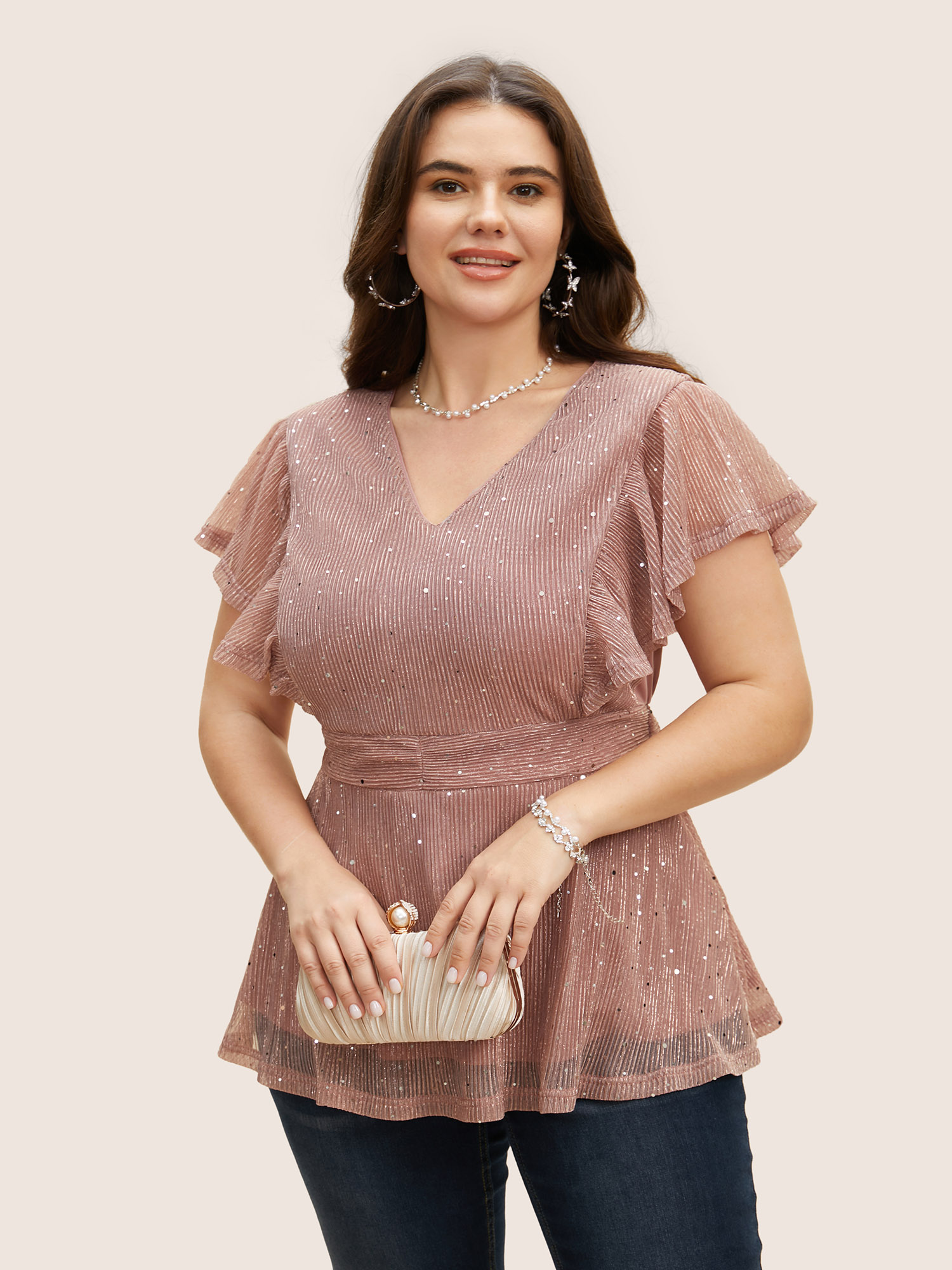 

Plus Size Dirtypink Glitter Mesh V Neck Ruffle Cap Sleeve Blouse Women Formal Cap Sleeve V-neck Party Blouses BloomChic