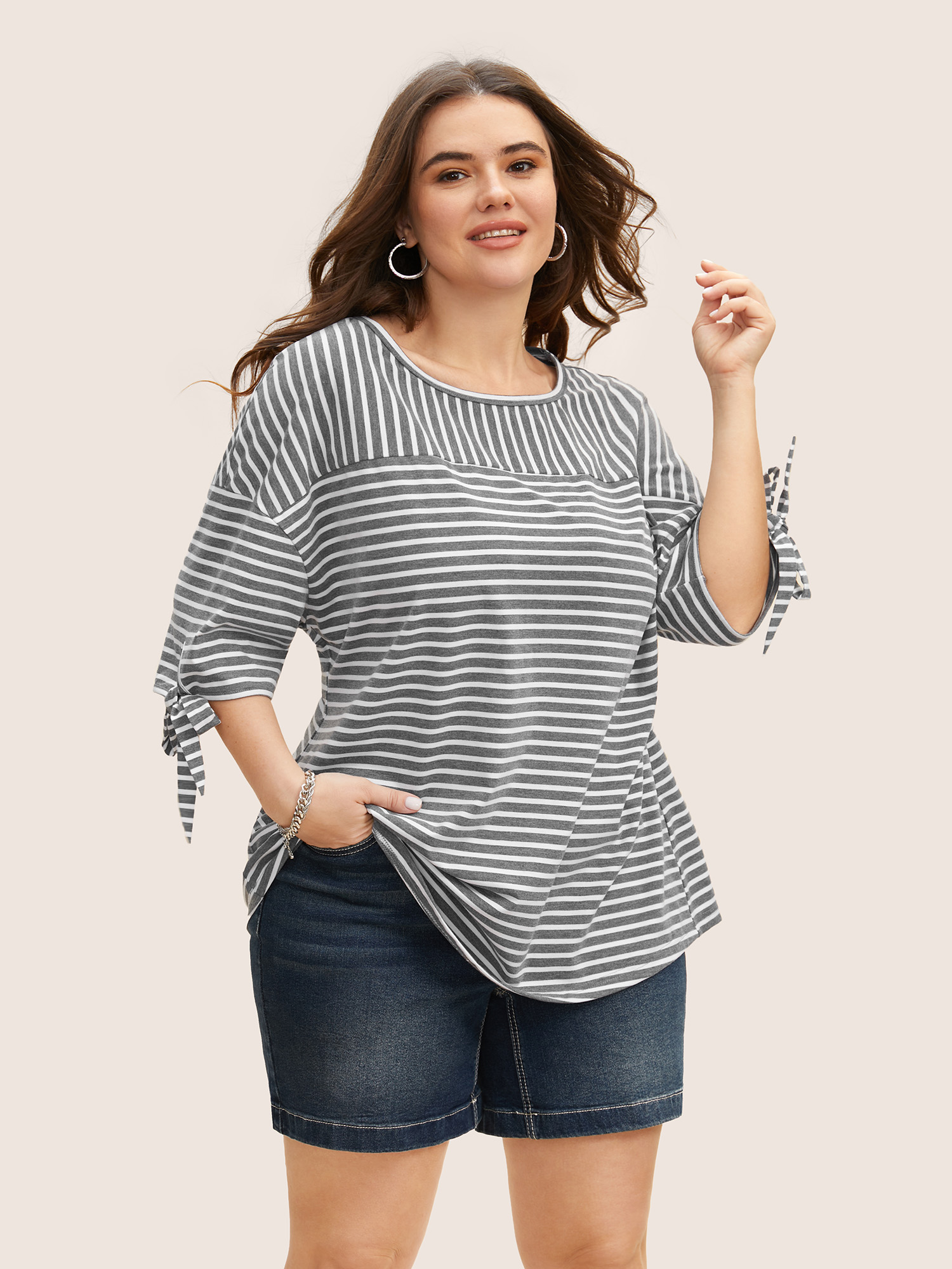 

Plus Size Striped Boat Neck Tie Knot T-shirt DimGray Women Casual Tie knot Boat Neck Everyday T-shirts BloomChic
