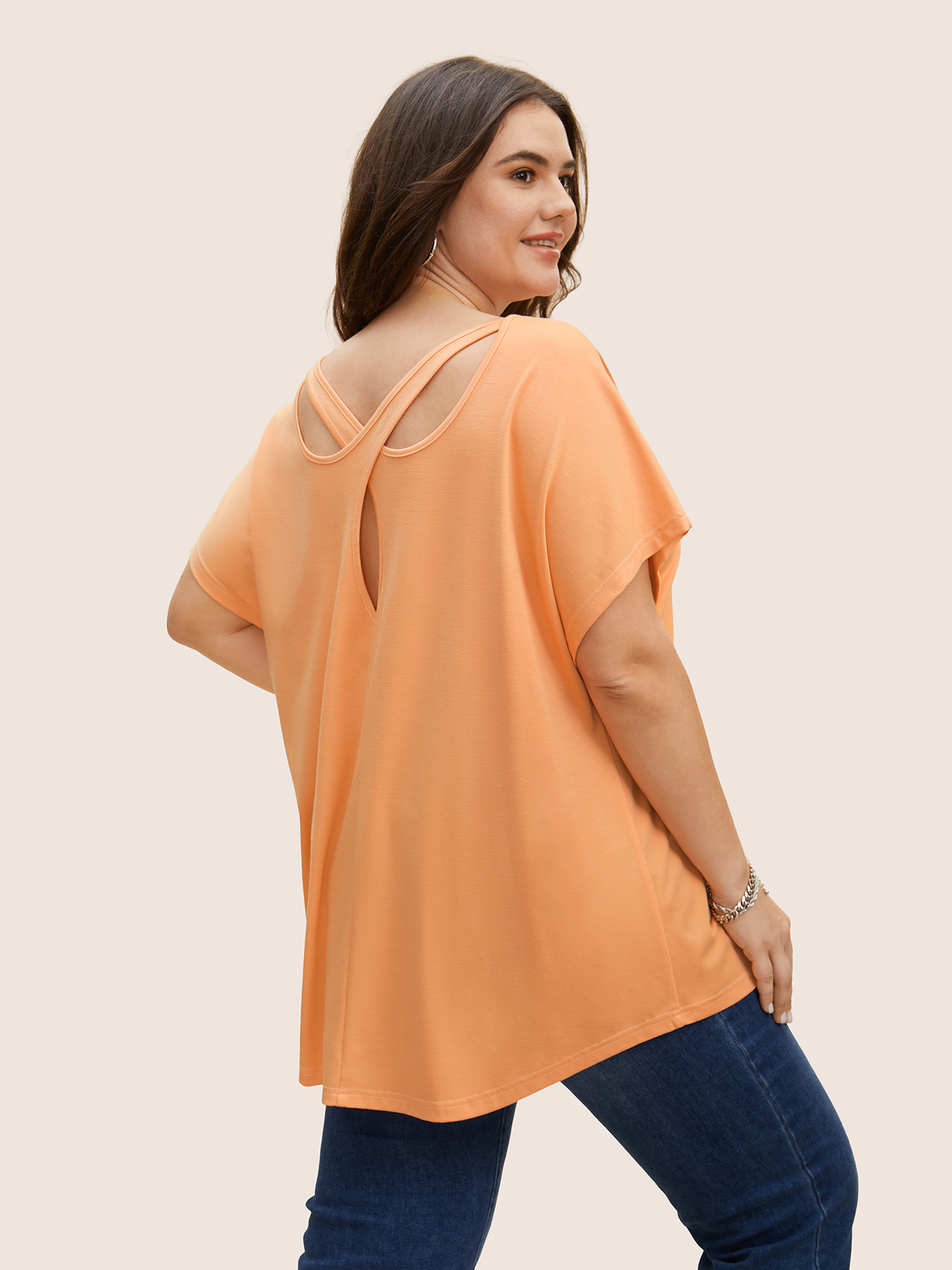 

Plus Size Solid Boat Neck Cut Out Dolman Sleeve T-shirt Lightorange Women Casual Cut-Out Boat Neck Everyday T-shirts BloomChic