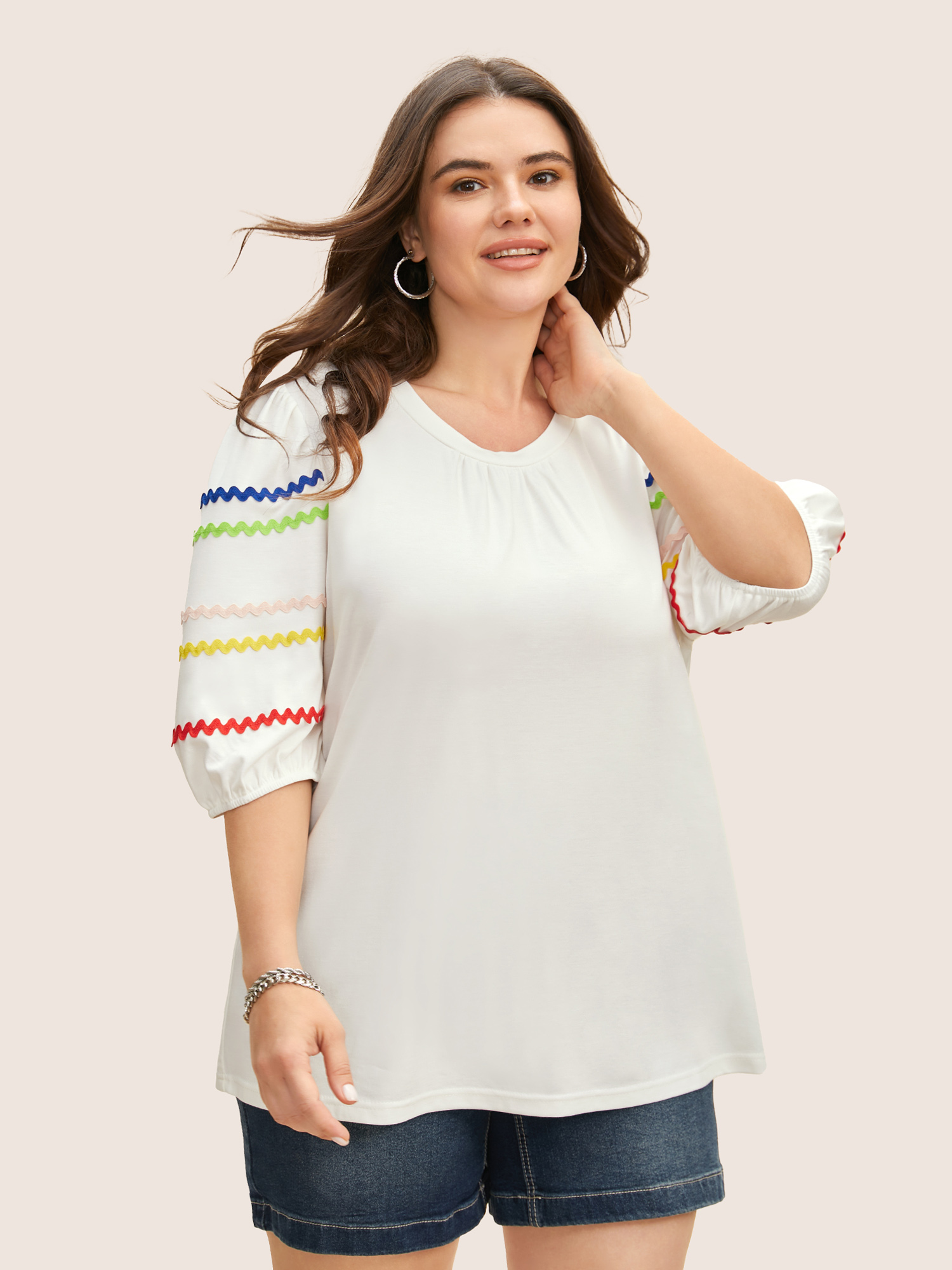 

Plus Size Round Neck Contrast Webbing Lantern Sleeve T-shirt WhiteSmoke Women Casual Woven ribbon&lace trim Round Neck Everyday T-shirts BloomChic