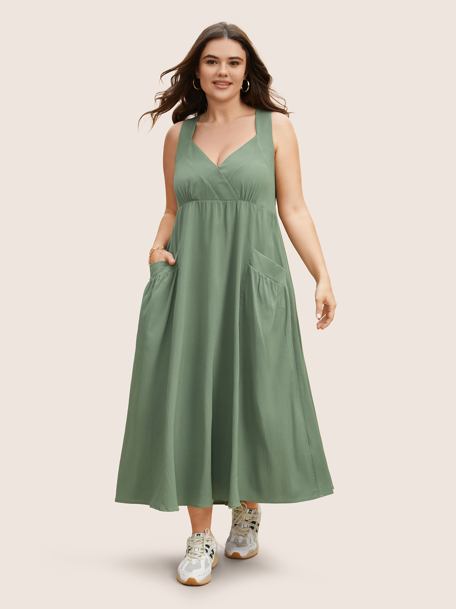 

Plus Size Surplice Neck Patched Pocket Maxi Dress Moss Women Overlap Collar Sleeveless Curvy BloomChic