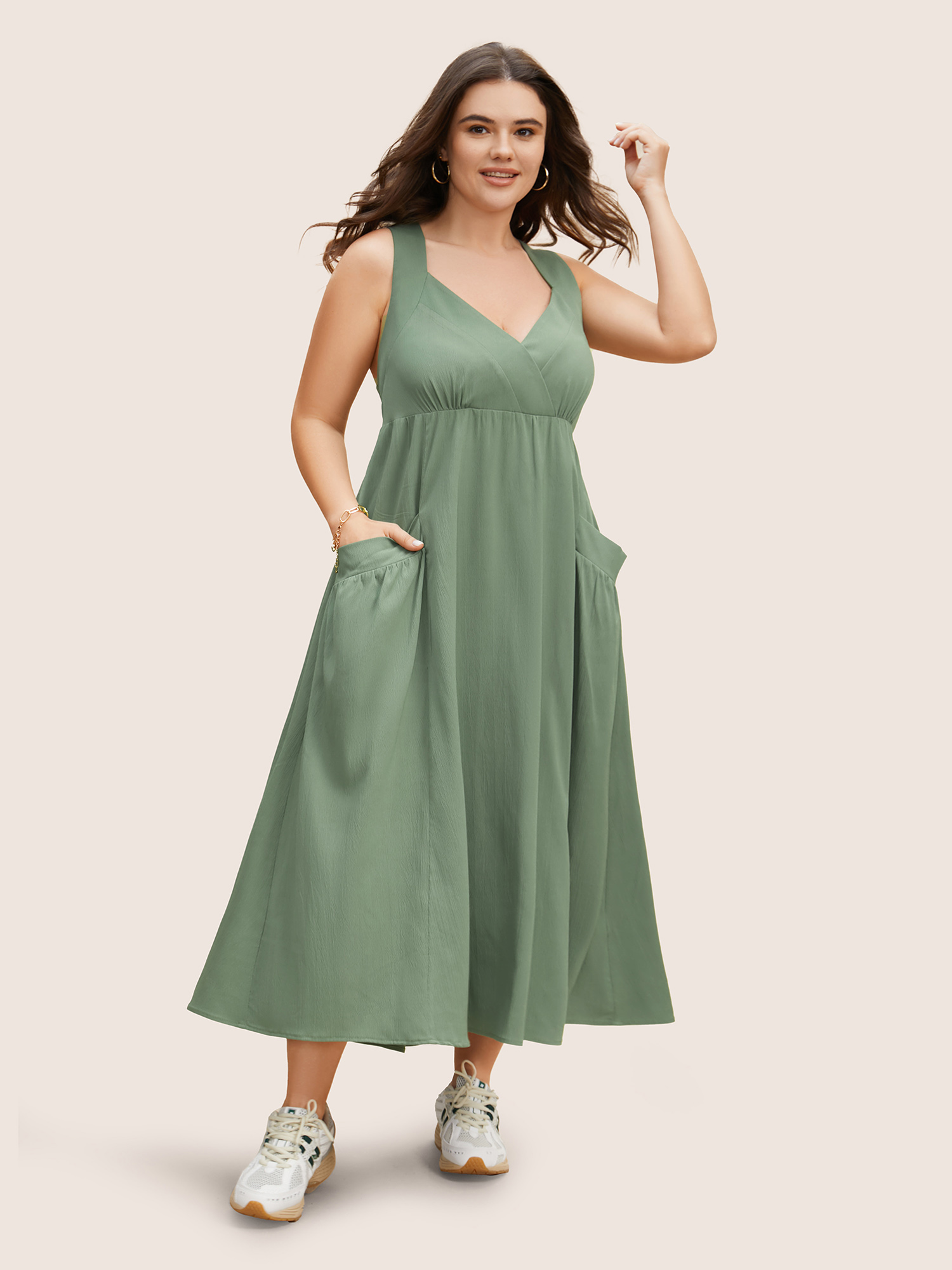 

Plus Size Surplice Neck Patched Pocket Maxi Dress Moss Women Overlap Collar Sleeveless Curvy BloomChic