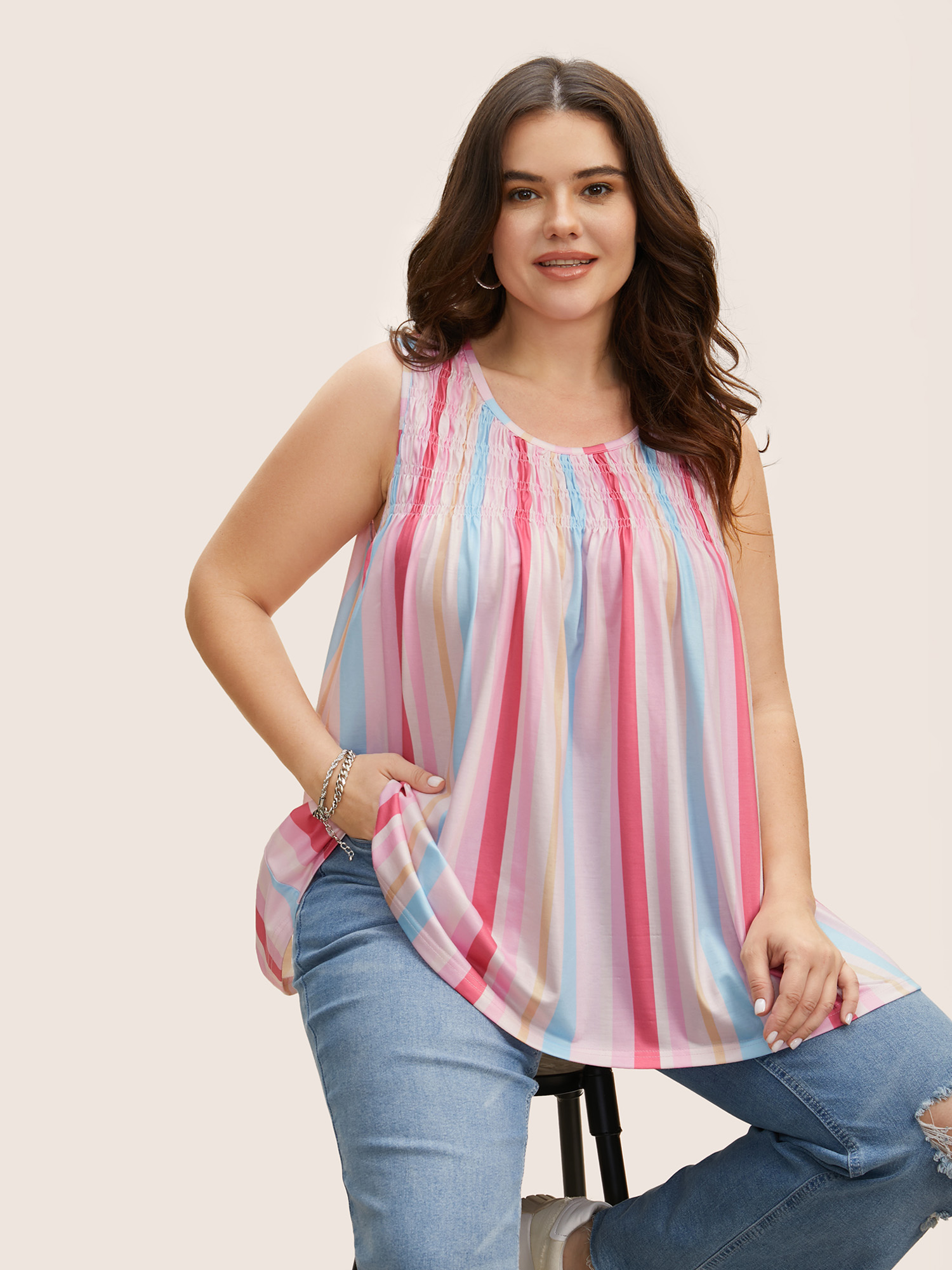 

Plus Size Crew Neck Colored Striped Shirred Tank Top Women Multicolor Casual Gathered Round Neck Everyday Tank Tops Camis BloomChic