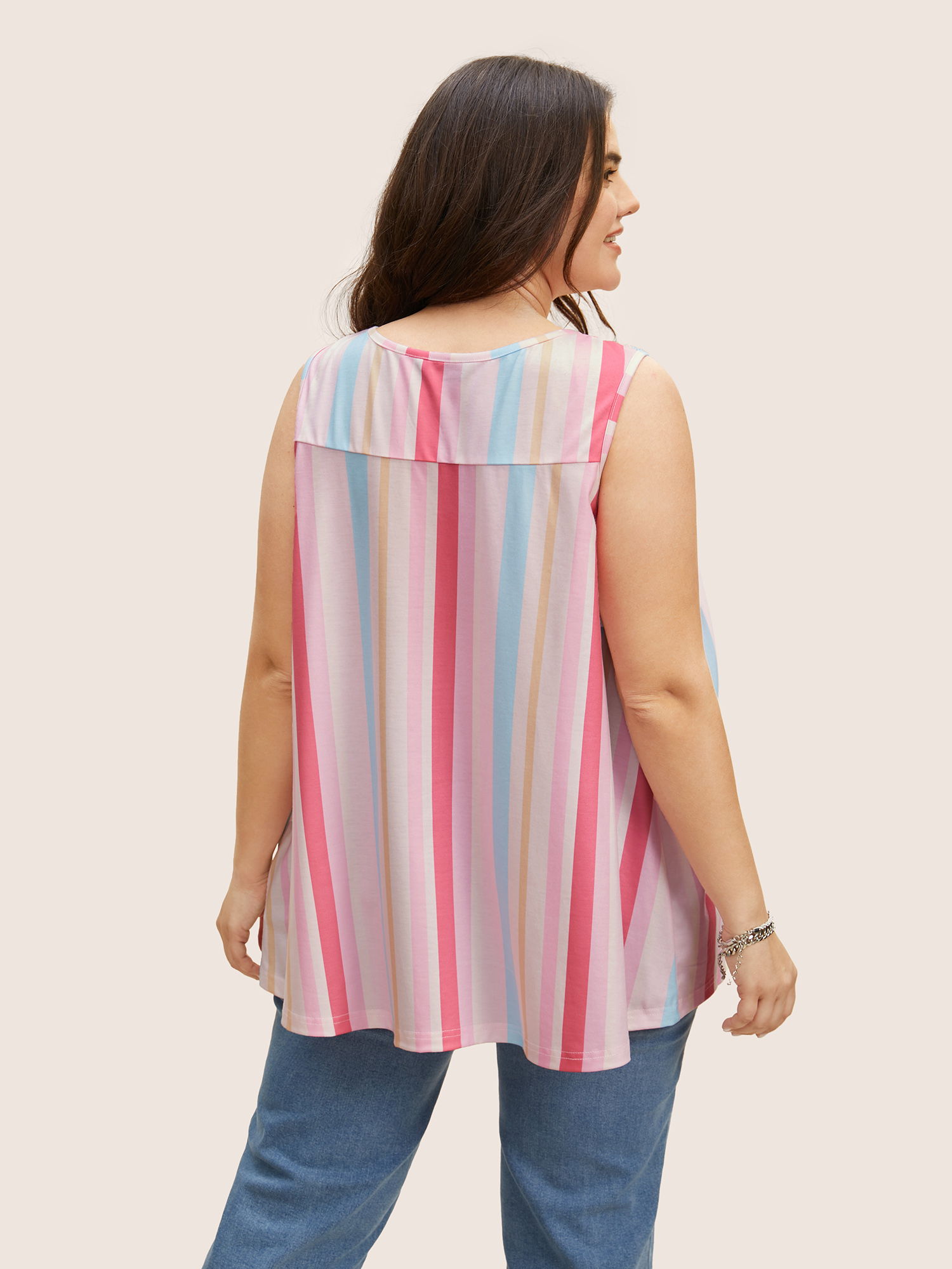 

Plus Size Crew Neck Colored Striped Shirred Tank Top Women Multicolor Casual Gathered Round Neck Everyday Tank Tops Camis BloomChic