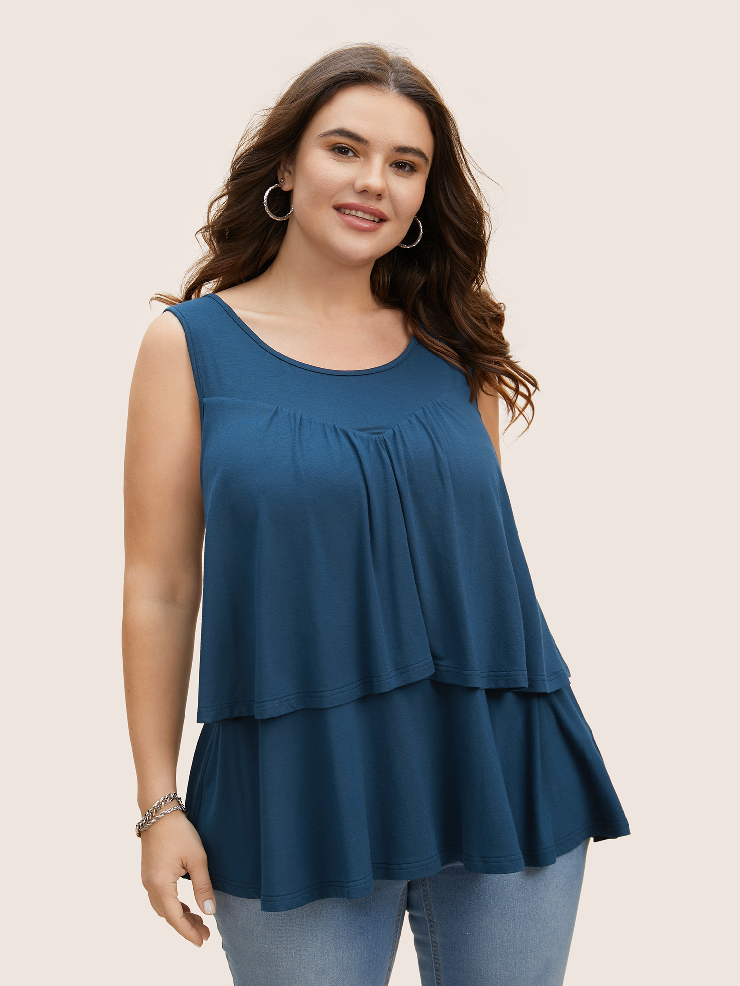 

Plus Size Plain Round Neck Tiered Ruffles Tank Top Women Indigo Casual Tiered Round Neck Everyday Tank Tops Camis BloomChic