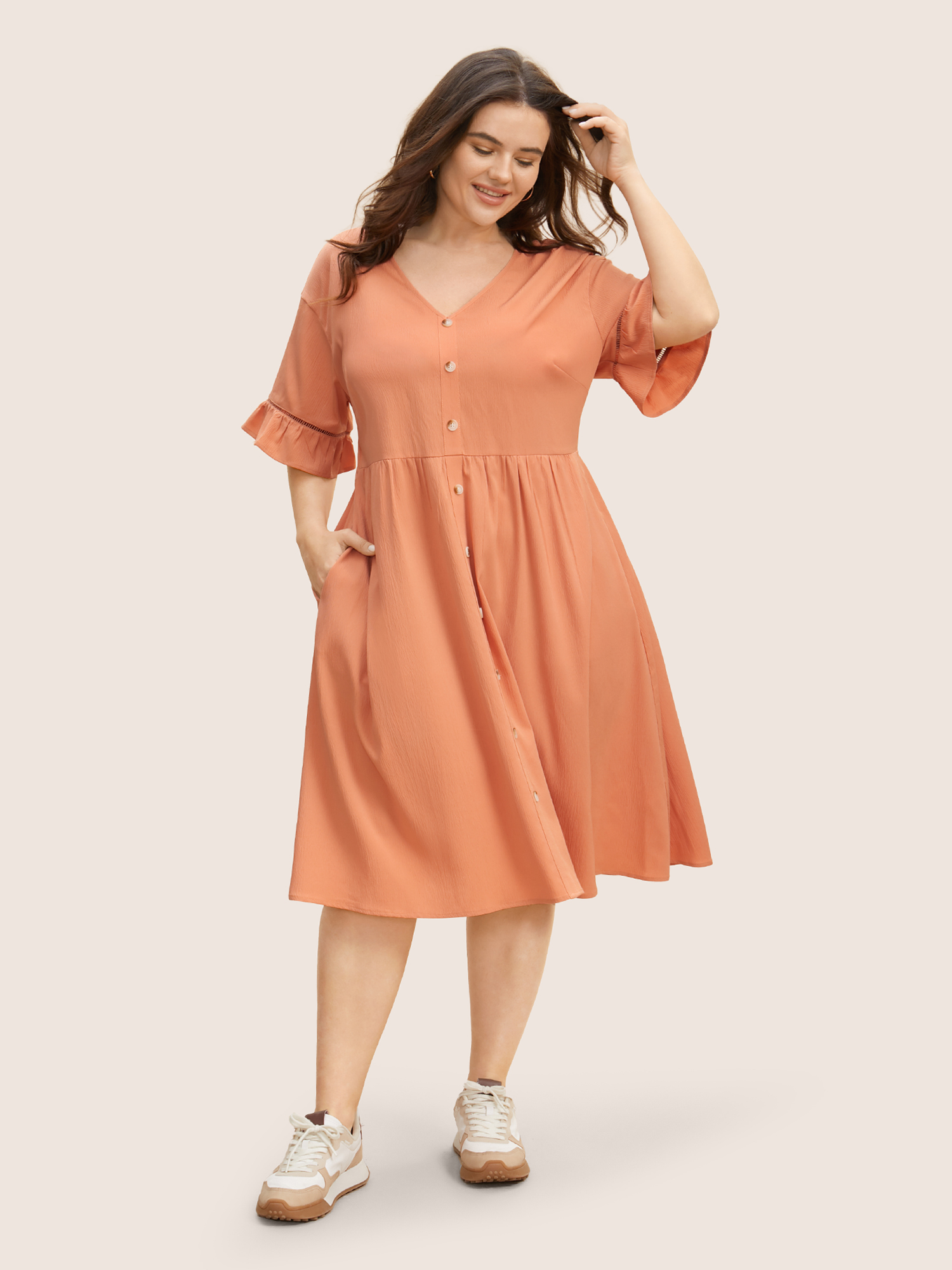 

Plus Size Solid Button Detail Cut Out Ruffle Sleeve Dress Lightorange Women Woven ribbon&lace trim V-neck Half Sleeve Curvy BloomChic