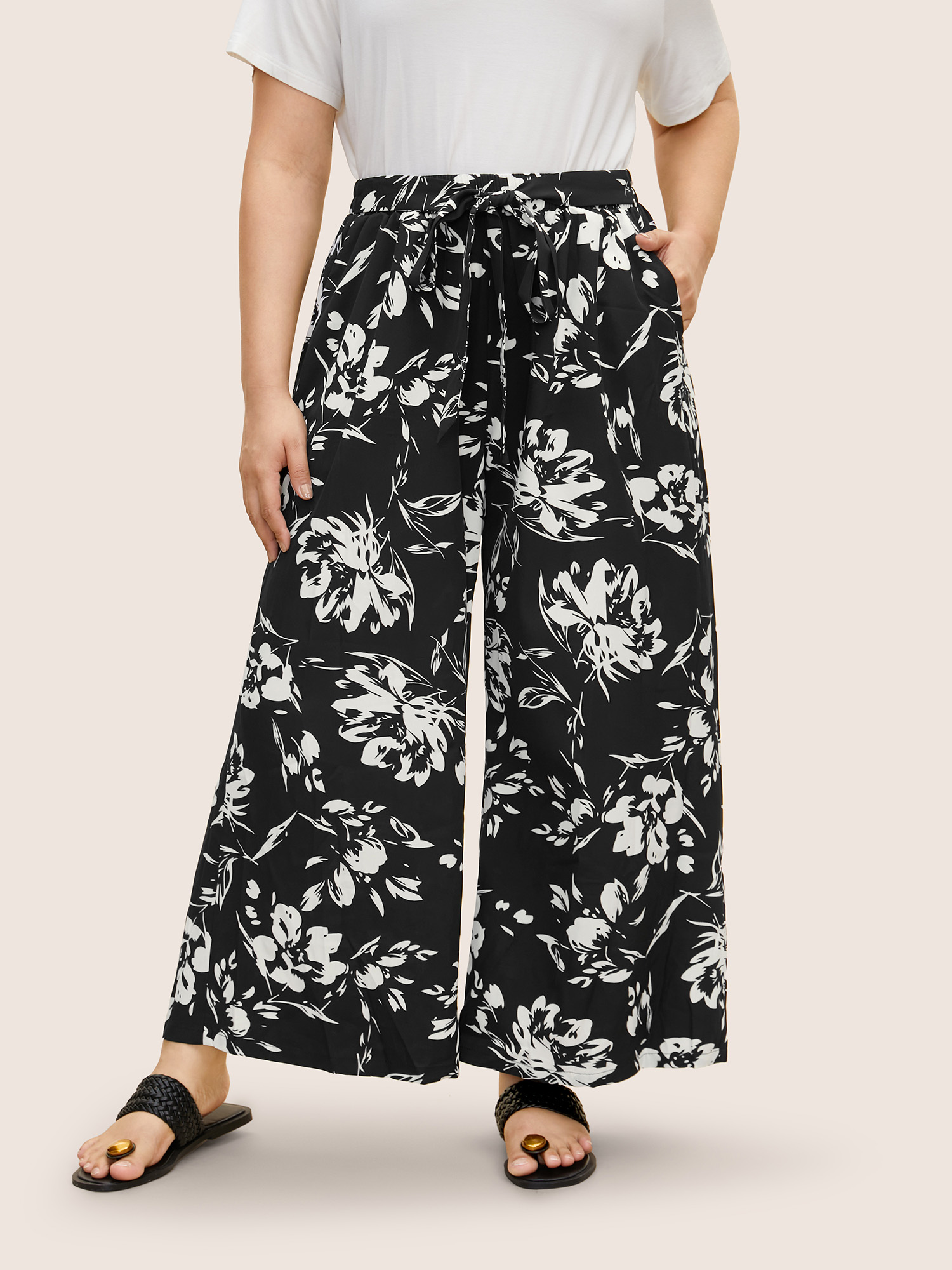 

Plus Size Silhouette Floral Print Tie Knot Wide Leg Pants Women Black Casual Wide Leg Mid Rise Everyday Pants BloomChic