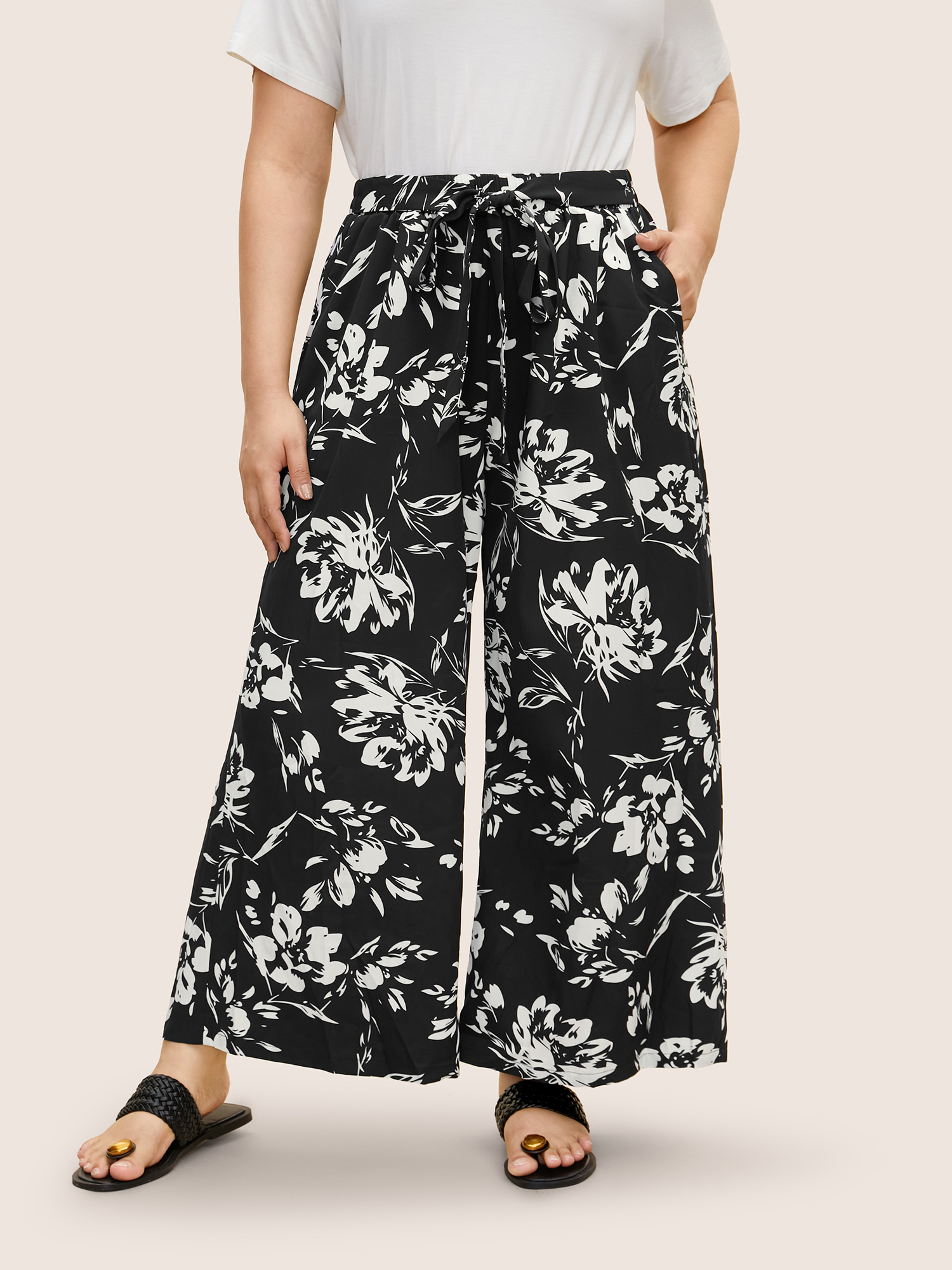 Plus Size Silhouette Floral Print Tie Knot Wide Leg Pants Women Black Casual Wide Leg Mid Rise Everyday Pants BloomChic 28/5X 