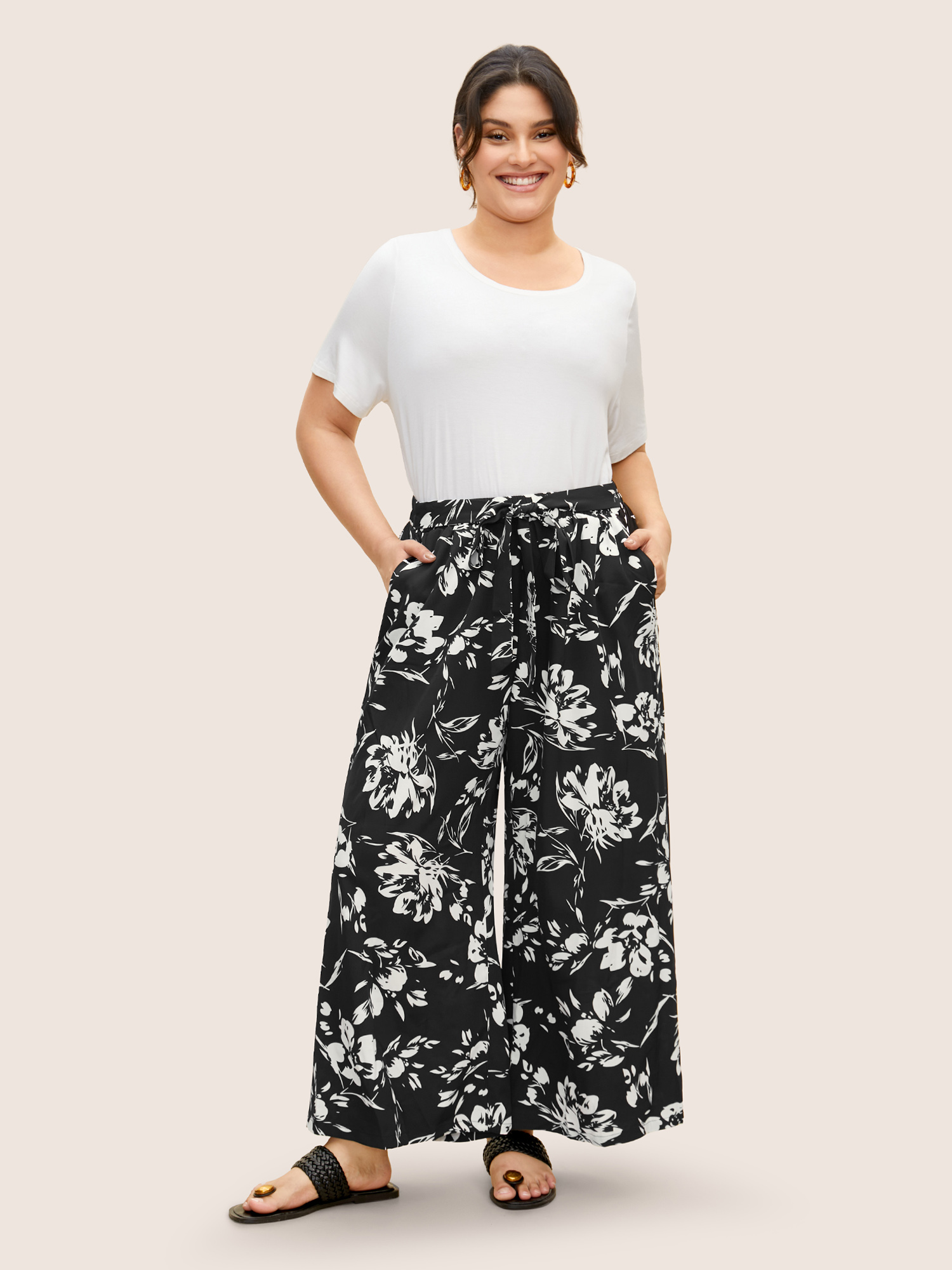 

Plus Size Silhouette Floral Print Tie Knot Wide Leg Pants Women Black Casual Wide Leg Mid Rise Everyday Pants BloomChic