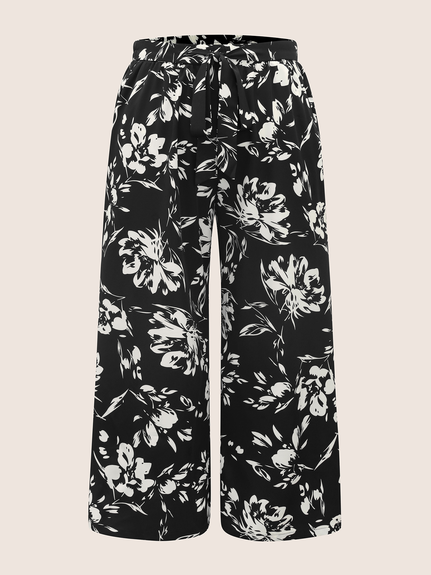 Plus Size Silhouette Floral Print Tie Knot Wide Leg Pants Women Black Casual Wide Leg Mid Rise Everyday Pants BloomChic 28/5X 