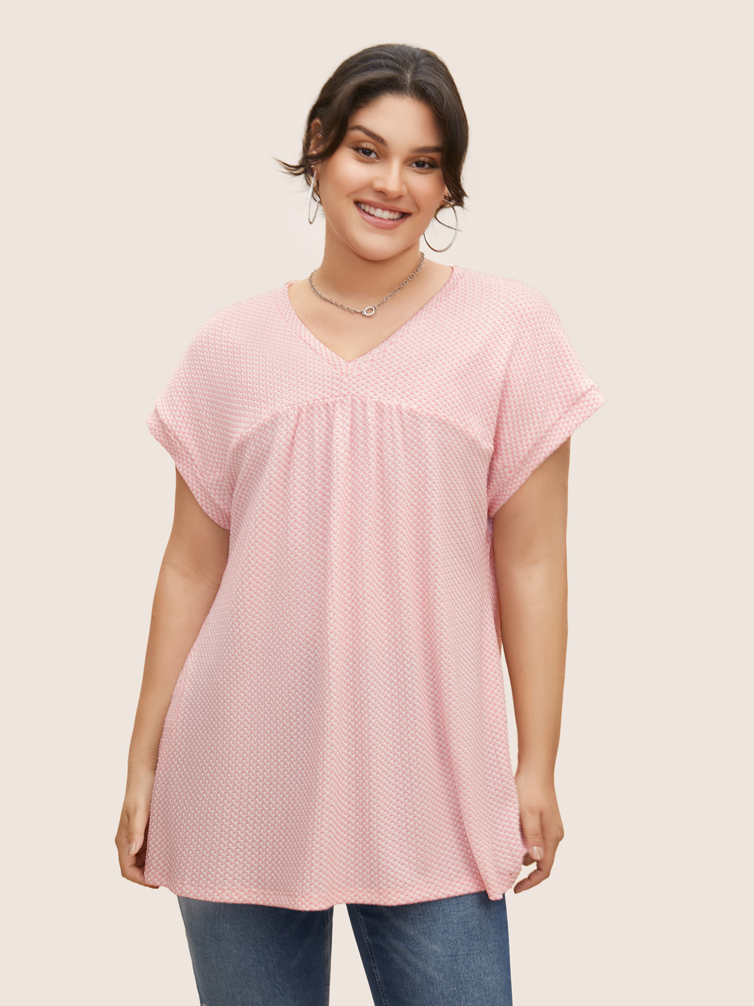 

Plus Size V Neck Plain Textured Batwing Sleeve T-shirt Blush Women Casual Texture V-neck Everyday T-shirts BloomChic