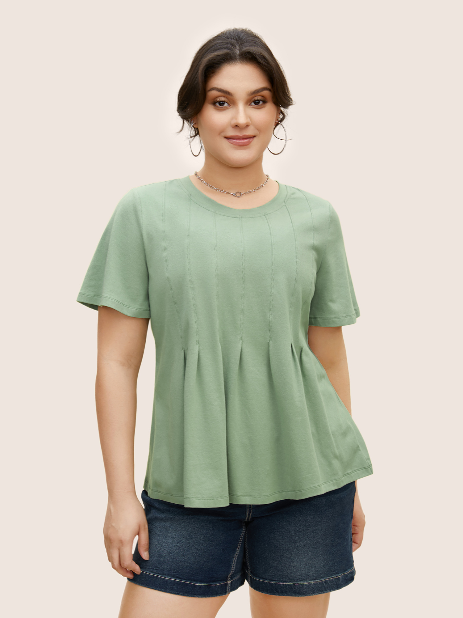 

Plus Size Cotton Crew Neck Tucked Seam Pleated T-shirt Palemauve Women Casual Tucked seam Round Neck Everyday T-shirts BloomChic