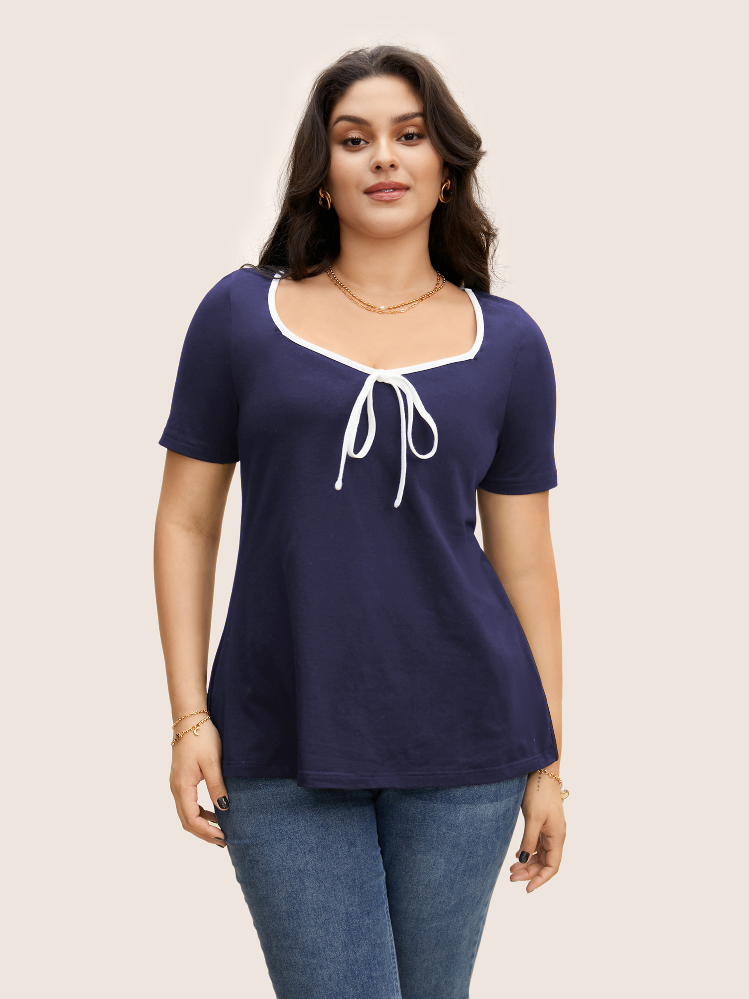 

Square Neck Contrast Trim Tie Knot T-shirt, Midnight