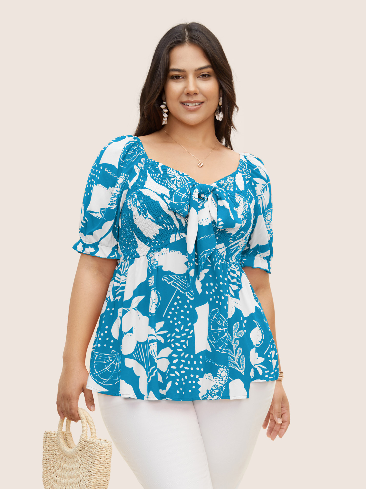 

Plus Size Cerulean Tropical Print Bowknot Shirred Lantern Sleeve Blouse Women Resort Short sleeve V-neck Vacation Blouses BloomChic