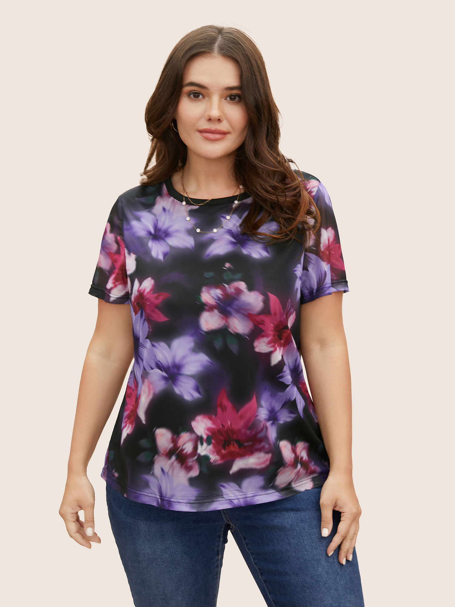 

Plus Size Round Neck Lily Print Patchwork Mesh T-shirt Multicolor Women Elegant See through Natural Flowers Round Neck Everyday T-shirts BloomChic