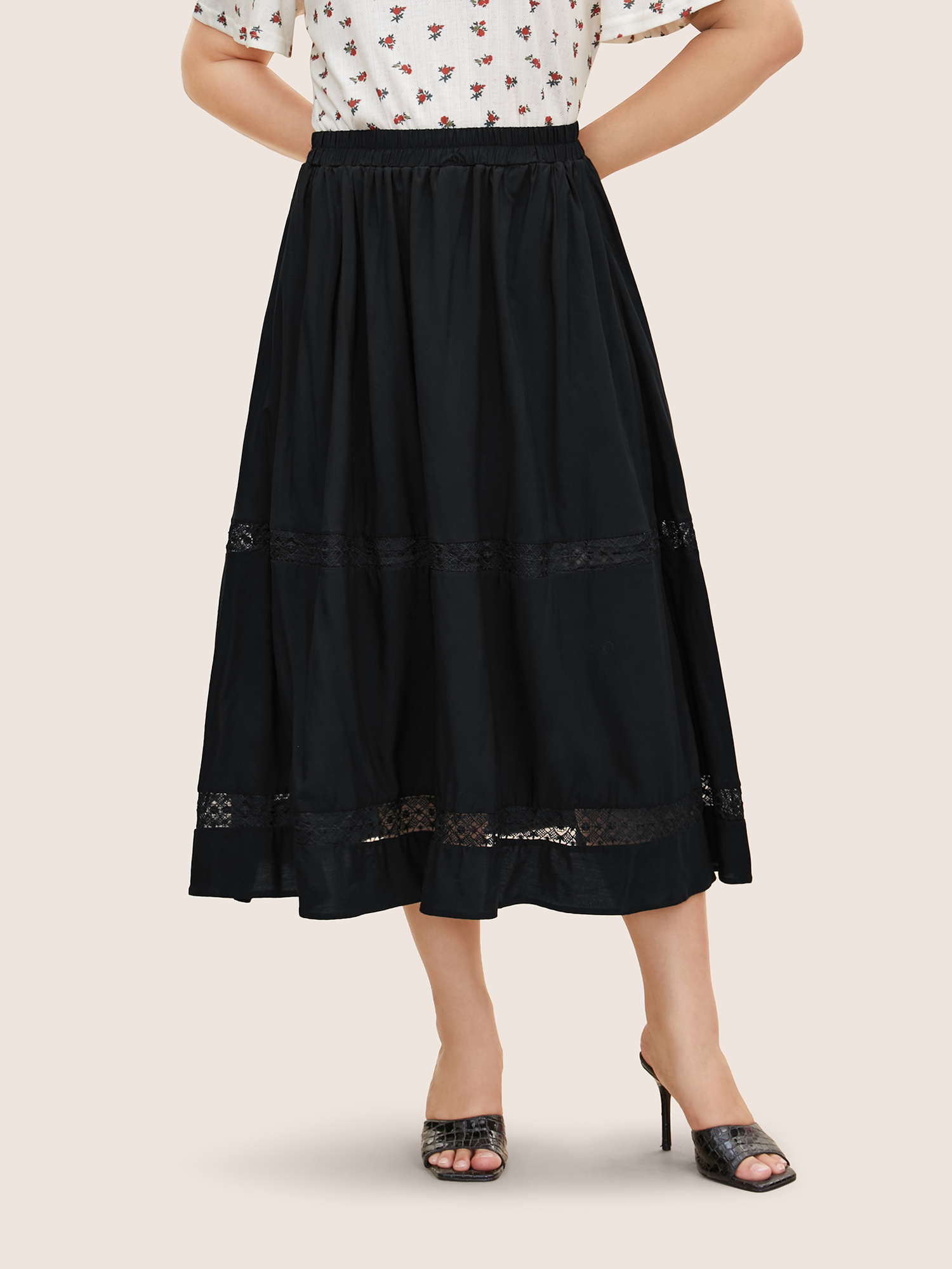 

Plus Size Lace Panel Elastic Waist Side Seam Pocket Skirt Women Black Elegant Pleated Loose High stretch Side seam pocket Everyday Skirts BloomChic