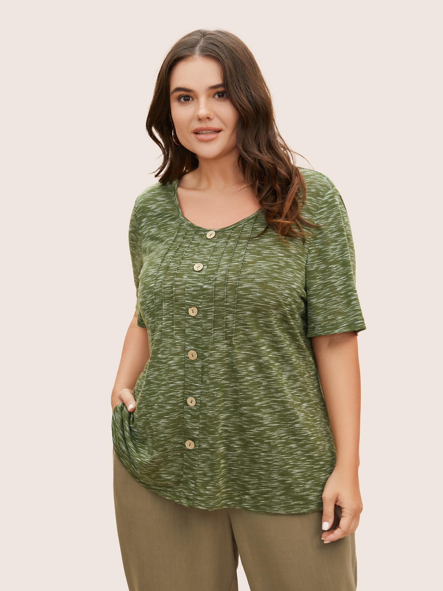 

Plus Size Round Neck Heather Pleated Button Detail T-shirt Moss Women Casual Button Plain Round Neck Everyday T-shirts BloomChic