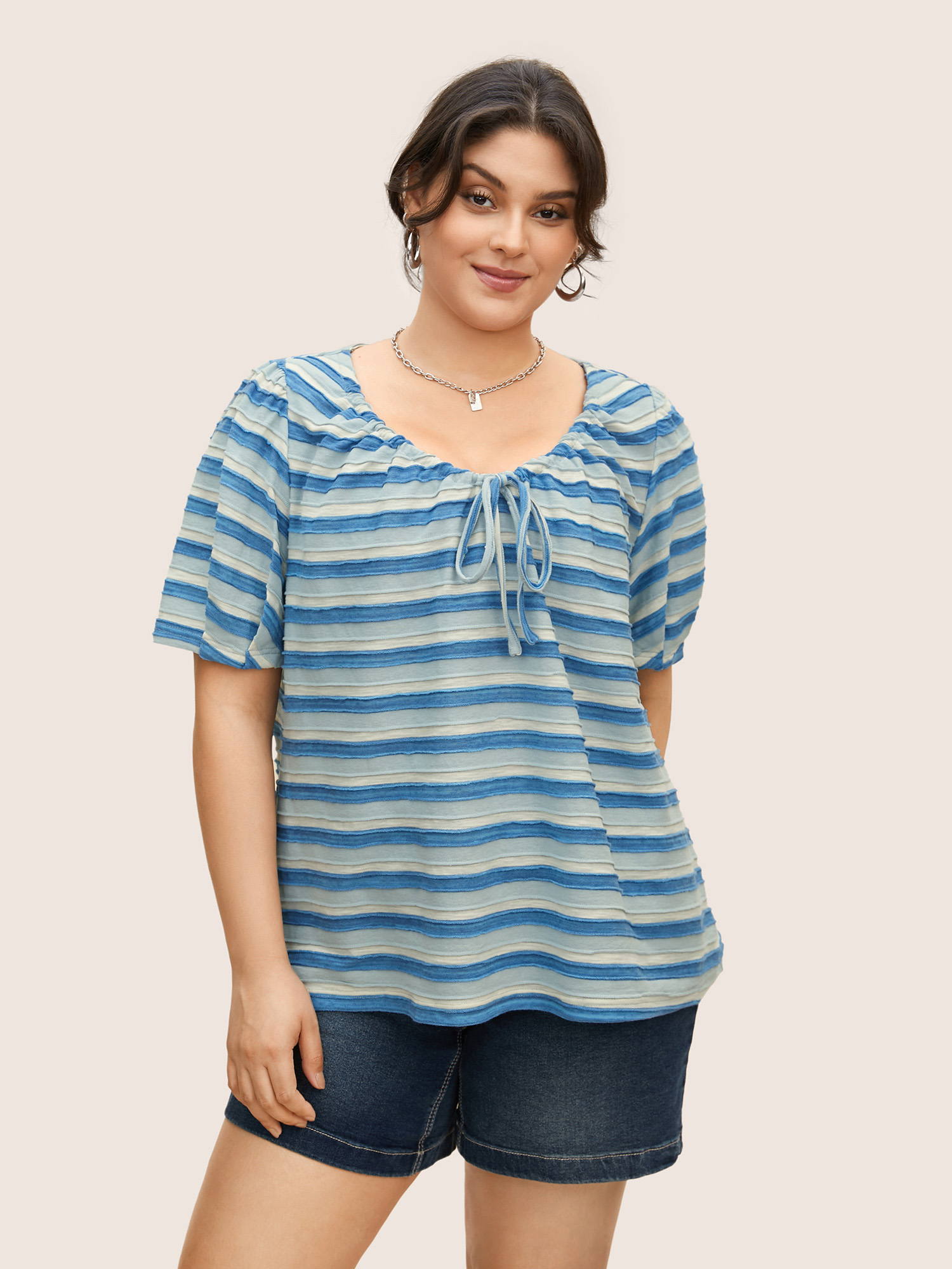 

Plus Size V Neck Textured Striped Tie Knot T-shirt Skyblue Women Casual Texture V-neck Everyday T-shirts BloomChic